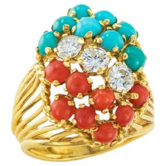 Red Coral Turquoise Diamond Yellow Gold Cluster Ring