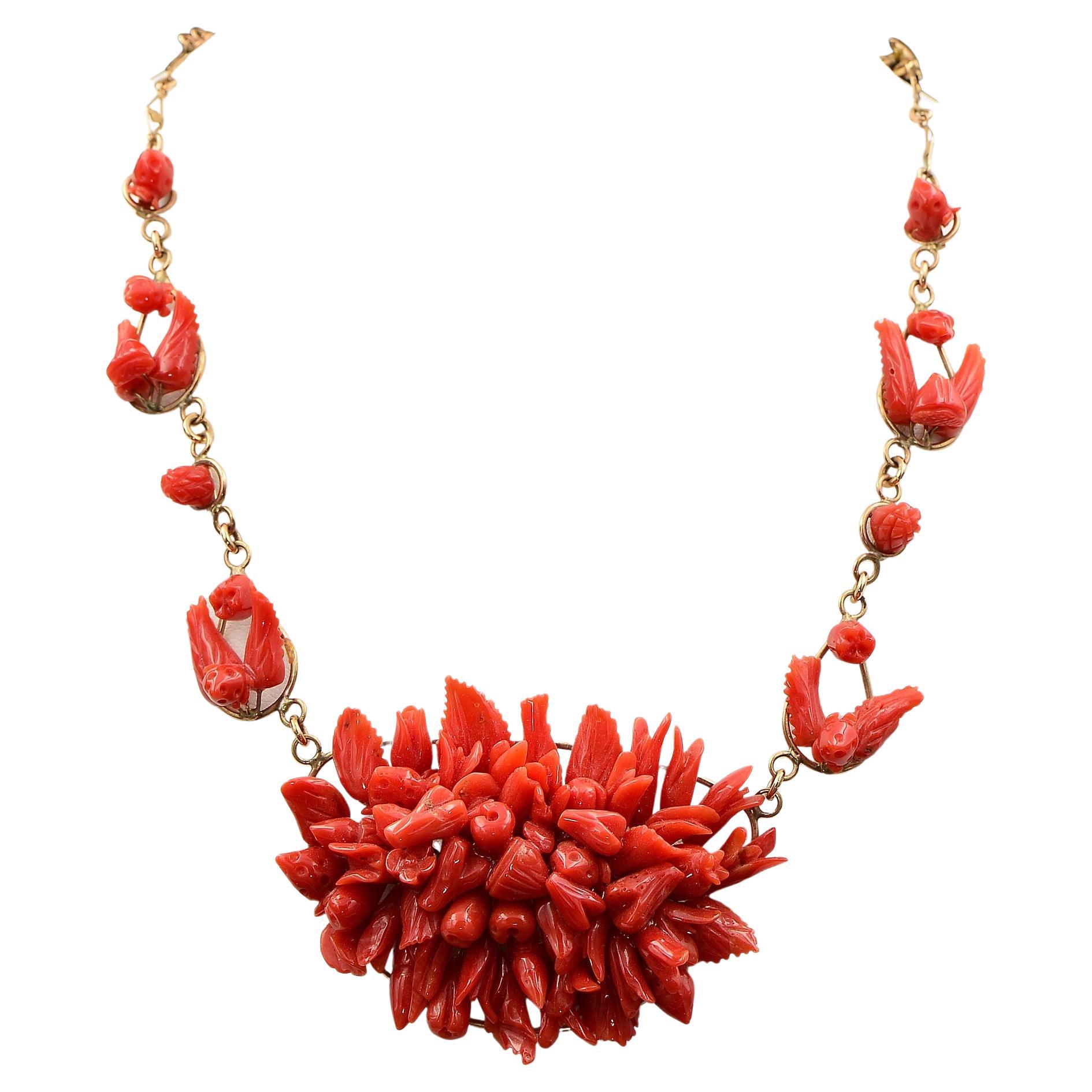 Tutti Frutti-Halskette aus massivem 9 KT Roségold mit roter Koralle im Angebot