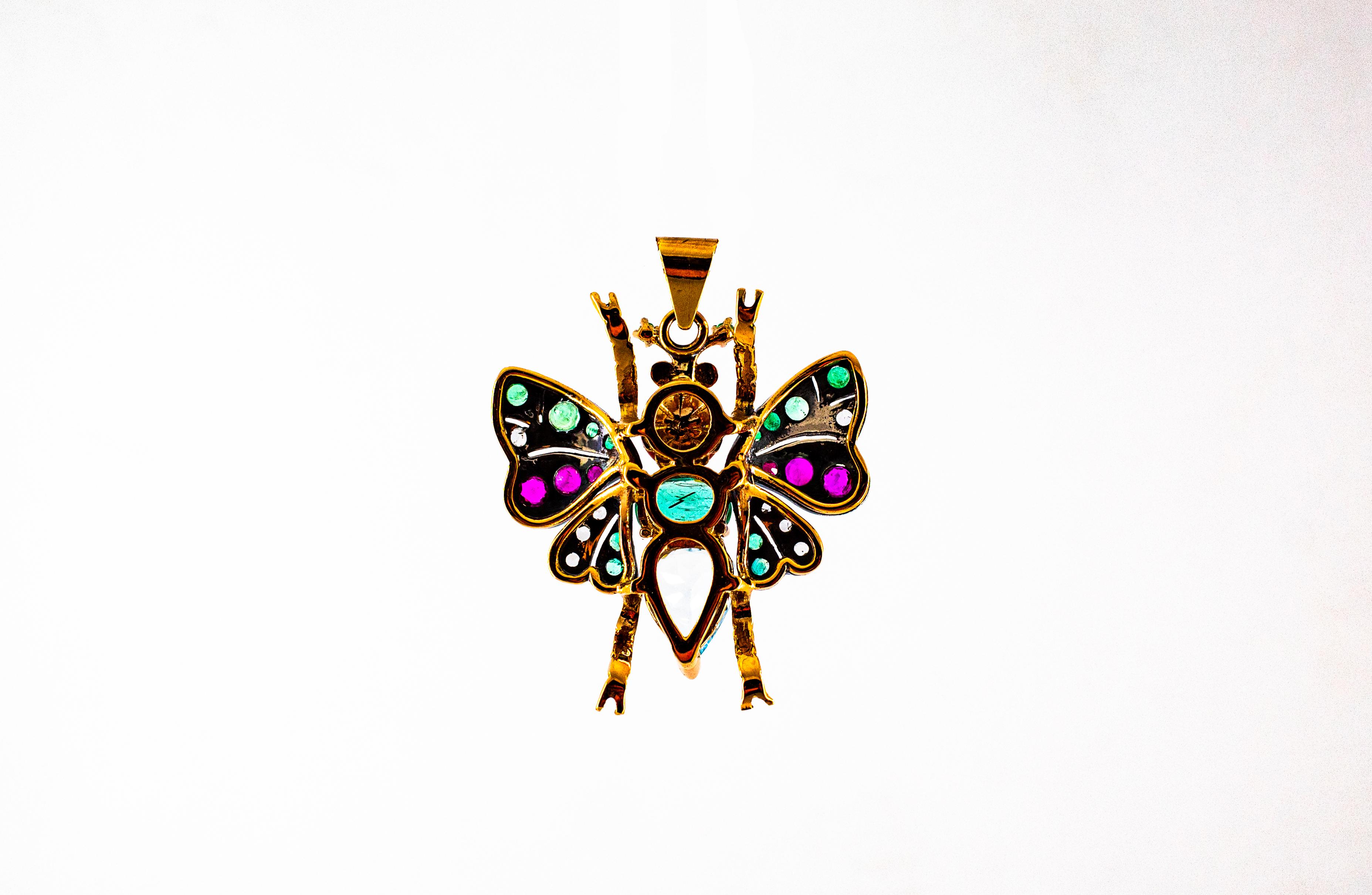 Red Coral White Diamond Ruby Emerald Aquamarine Yellow Gold Butterfly Pendant 3