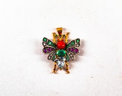 Red Coral White Diamond Ruby Emerald Aquamarine Yellow Gold Butterfly Pendant