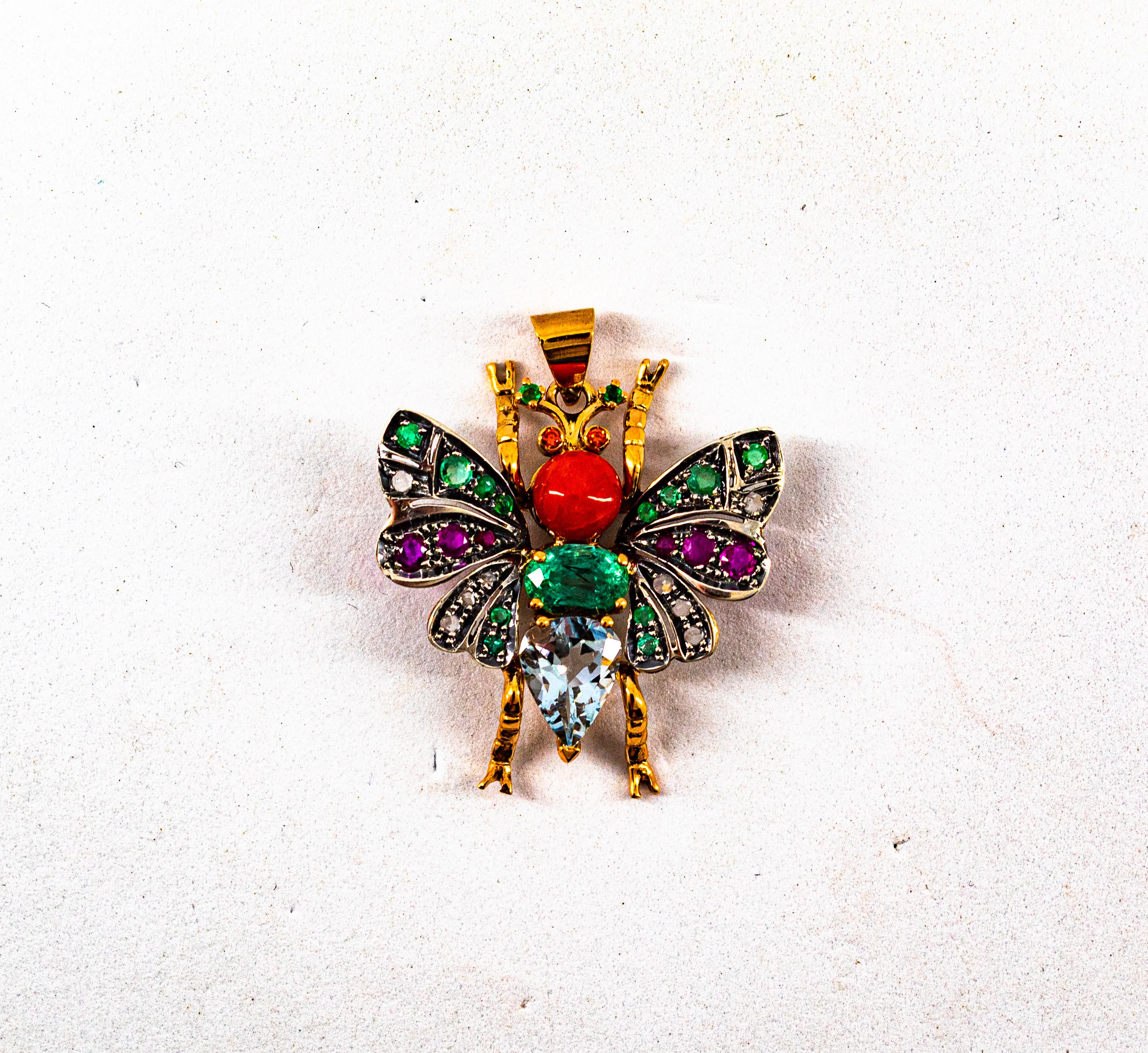 Art Nouveau Red Coral White Diamond Ruby Emerald Aquamarine Yellow Gold Butterfly Pendant For Sale
