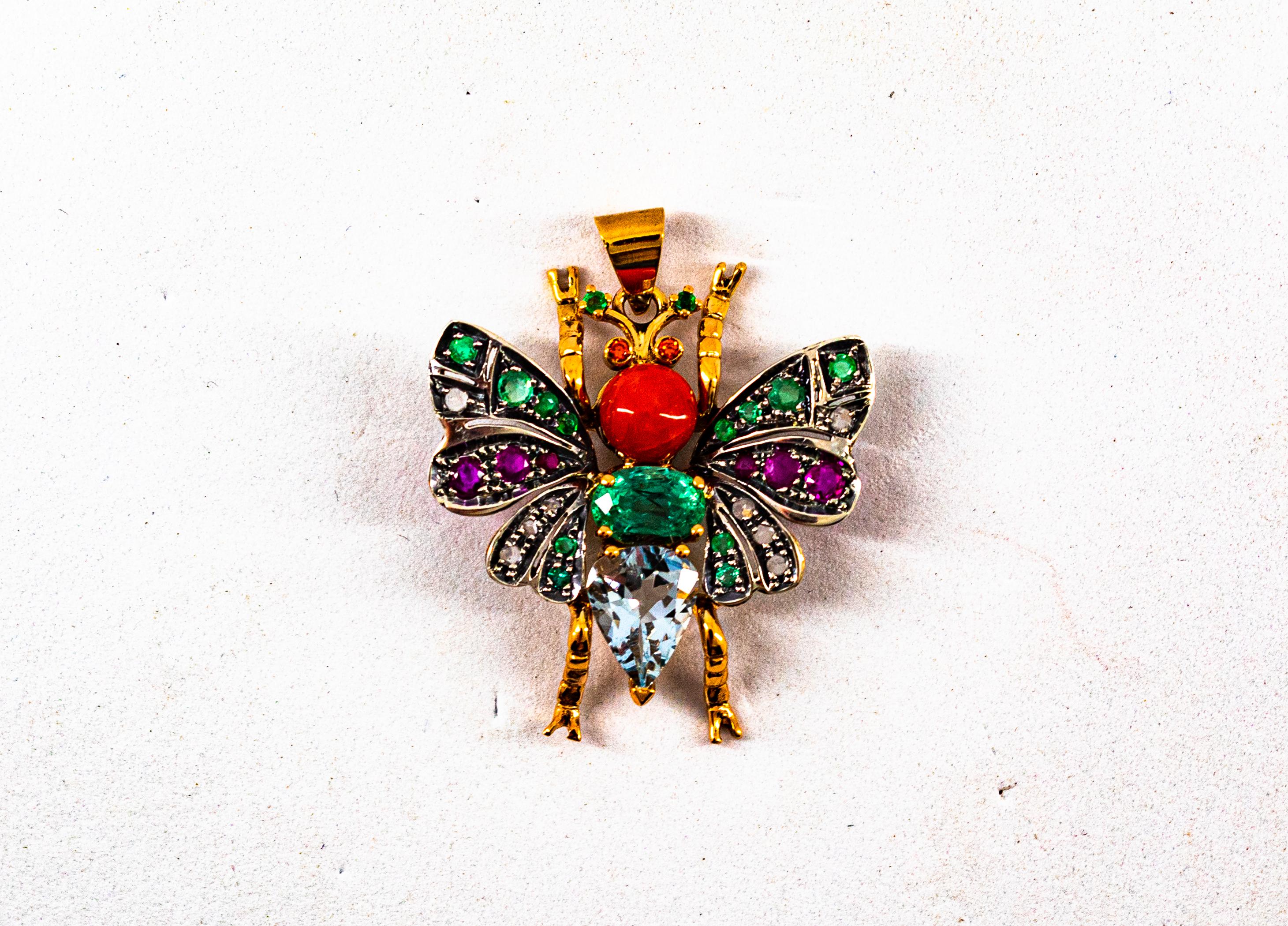 Art Nouveau Red Coral White Diamond Ruby Emerald Aquamarine Yellow Gold Butterfly Pendant