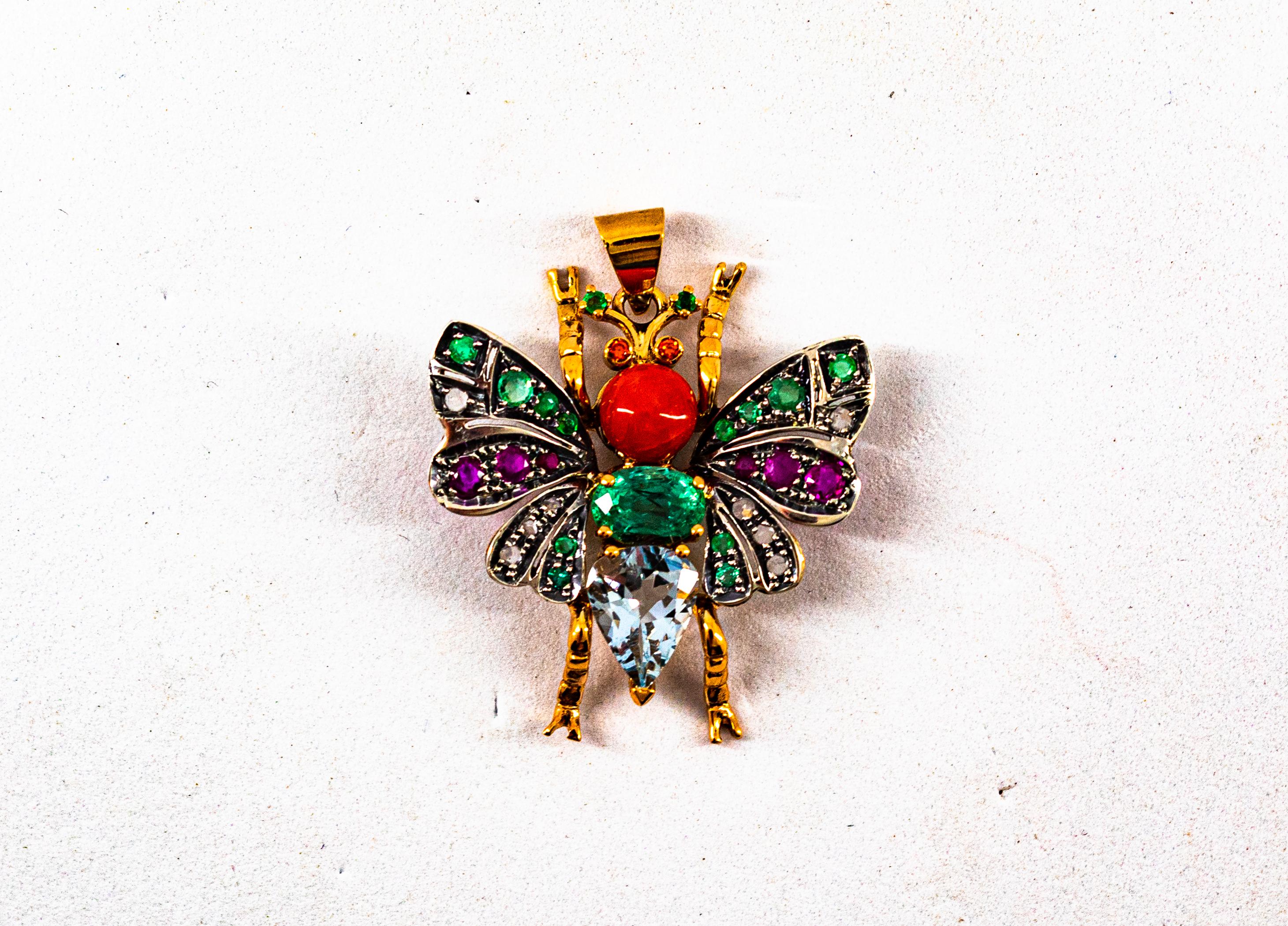 Rote Koralle Weißer Diamant Rubin Smaragd Aquamarin Gelbgold Schmetterlings-Anhänger (Rosenschliff) im Angebot