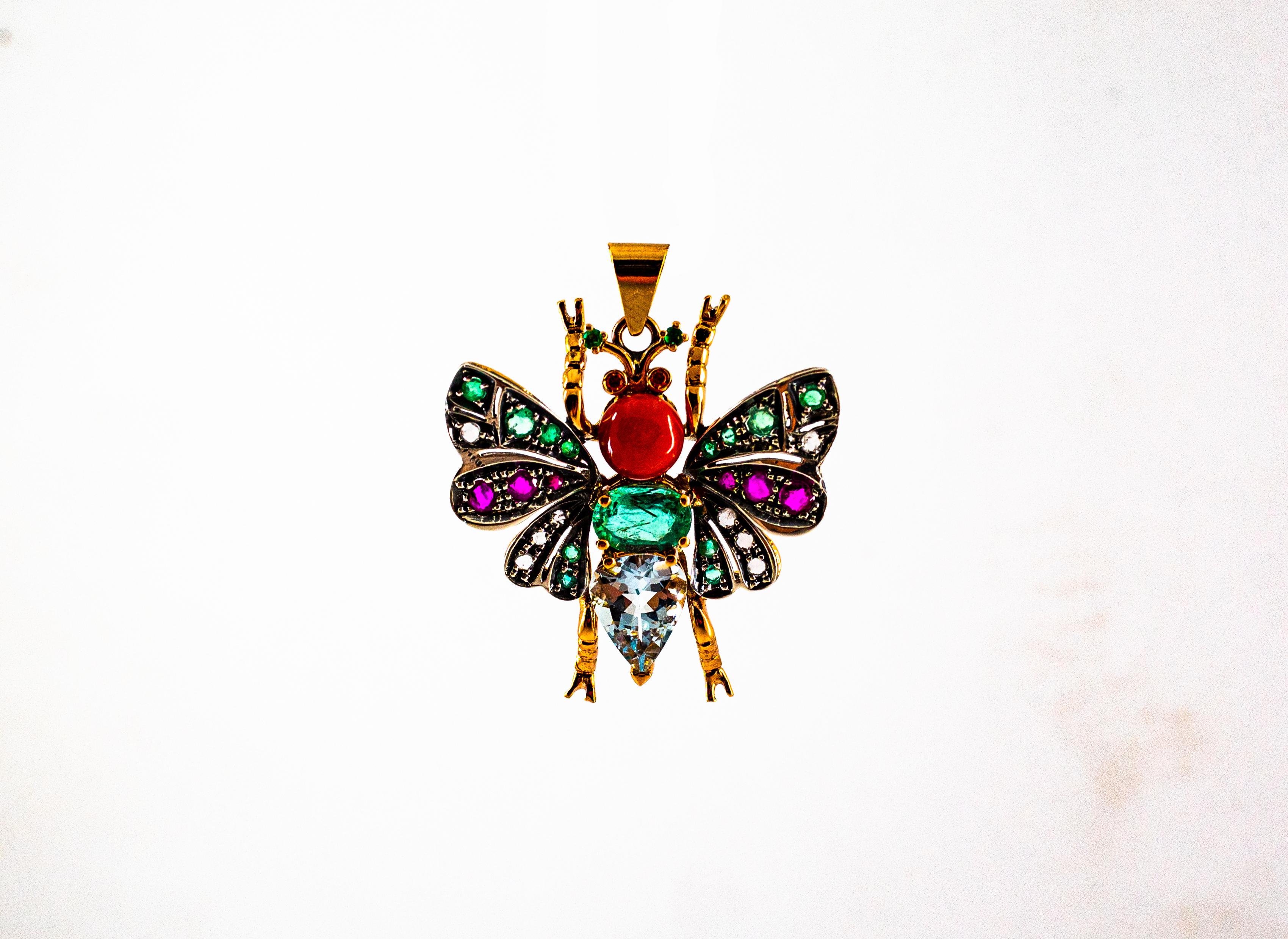 Art Nouveau Red Coral White Diamond Ruby Emerald Aquamarine Yellow Gold Butterfly Pendant