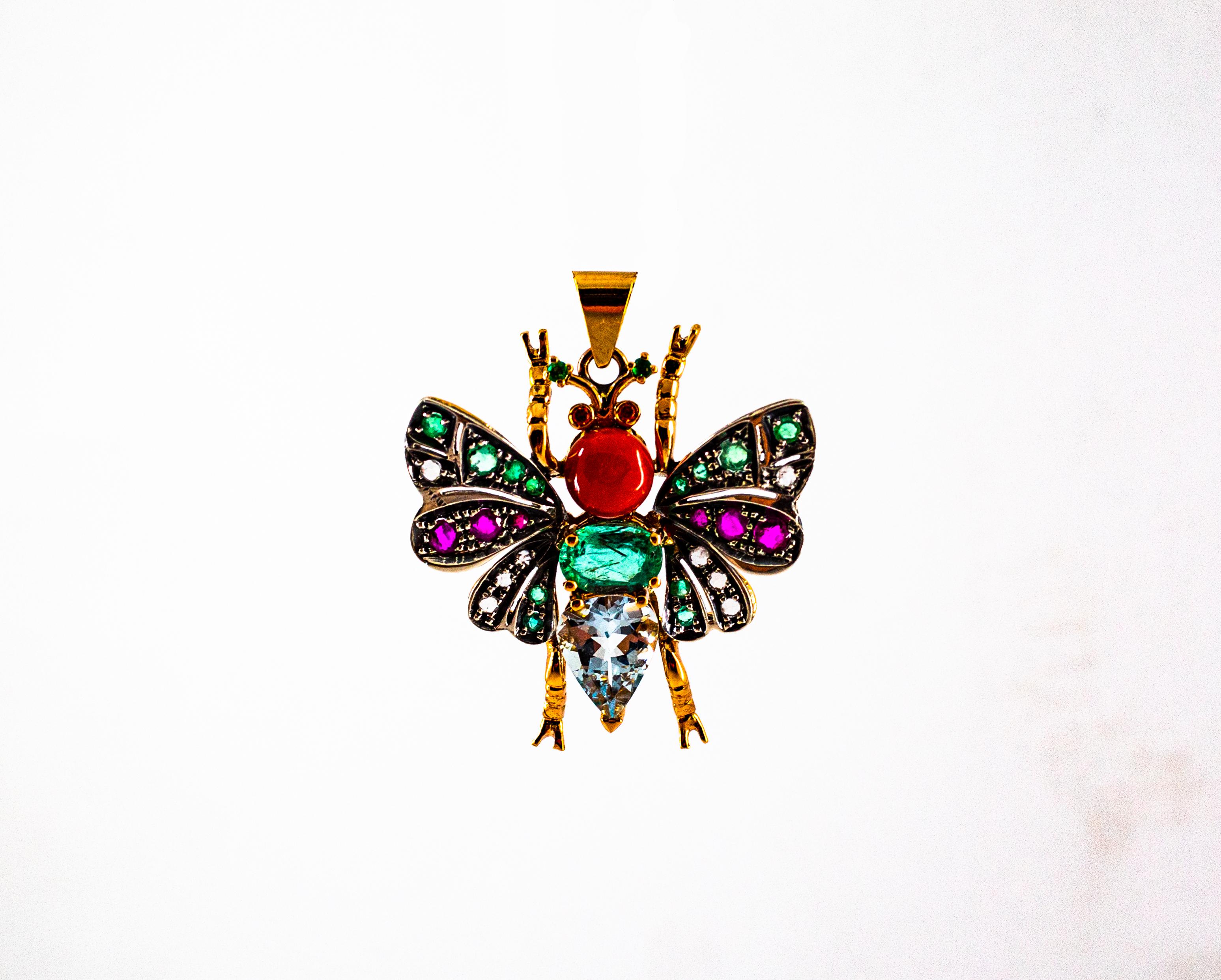 Red Coral White Diamond Ruby Emerald Aquamarine Yellow Gold Butterfly Pendant In New Condition In Naples, IT