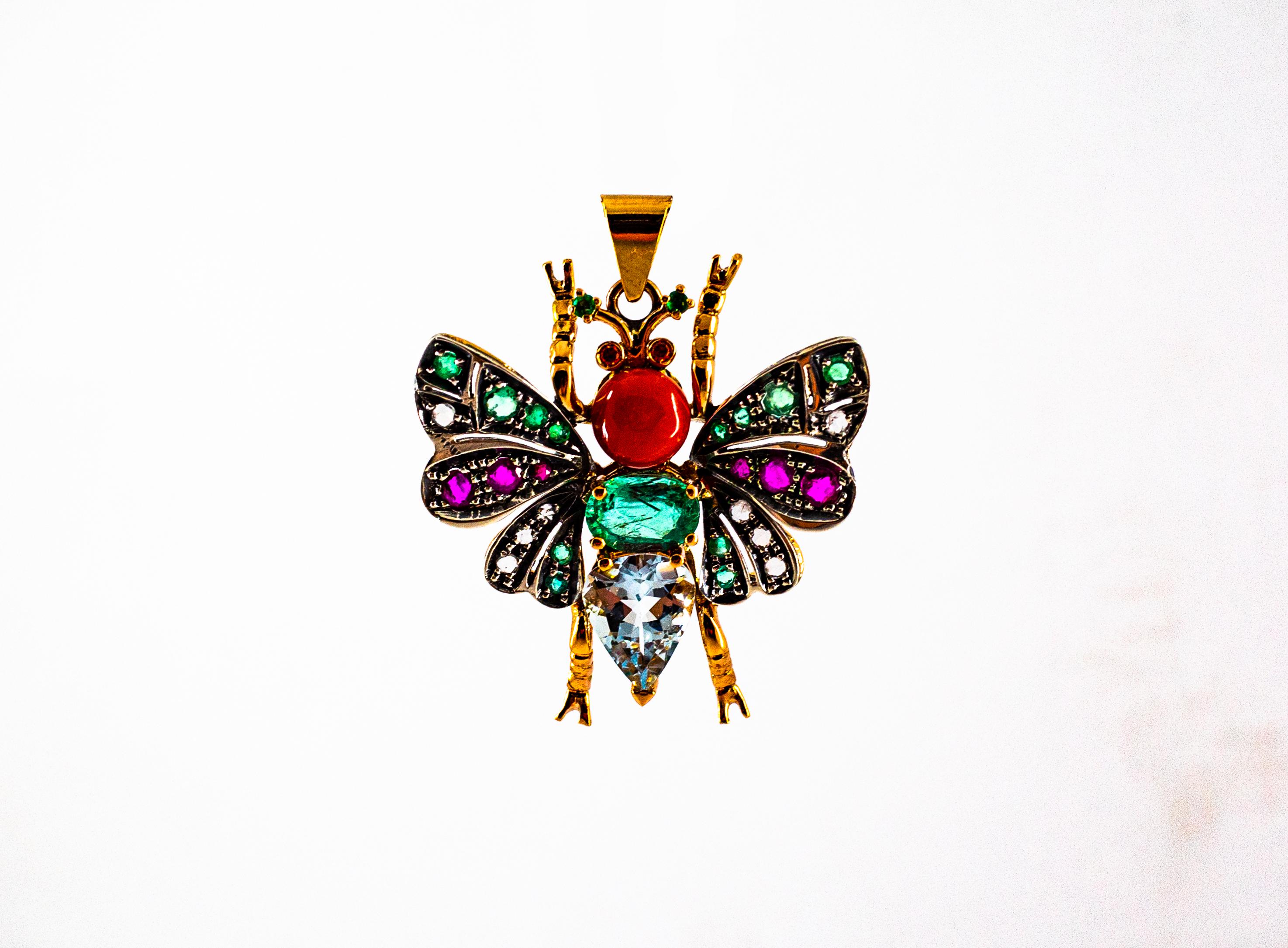 Women's or Men's Red Coral White Diamond Ruby Emerald Aquamarine Yellow Gold Butterfly Pendant
