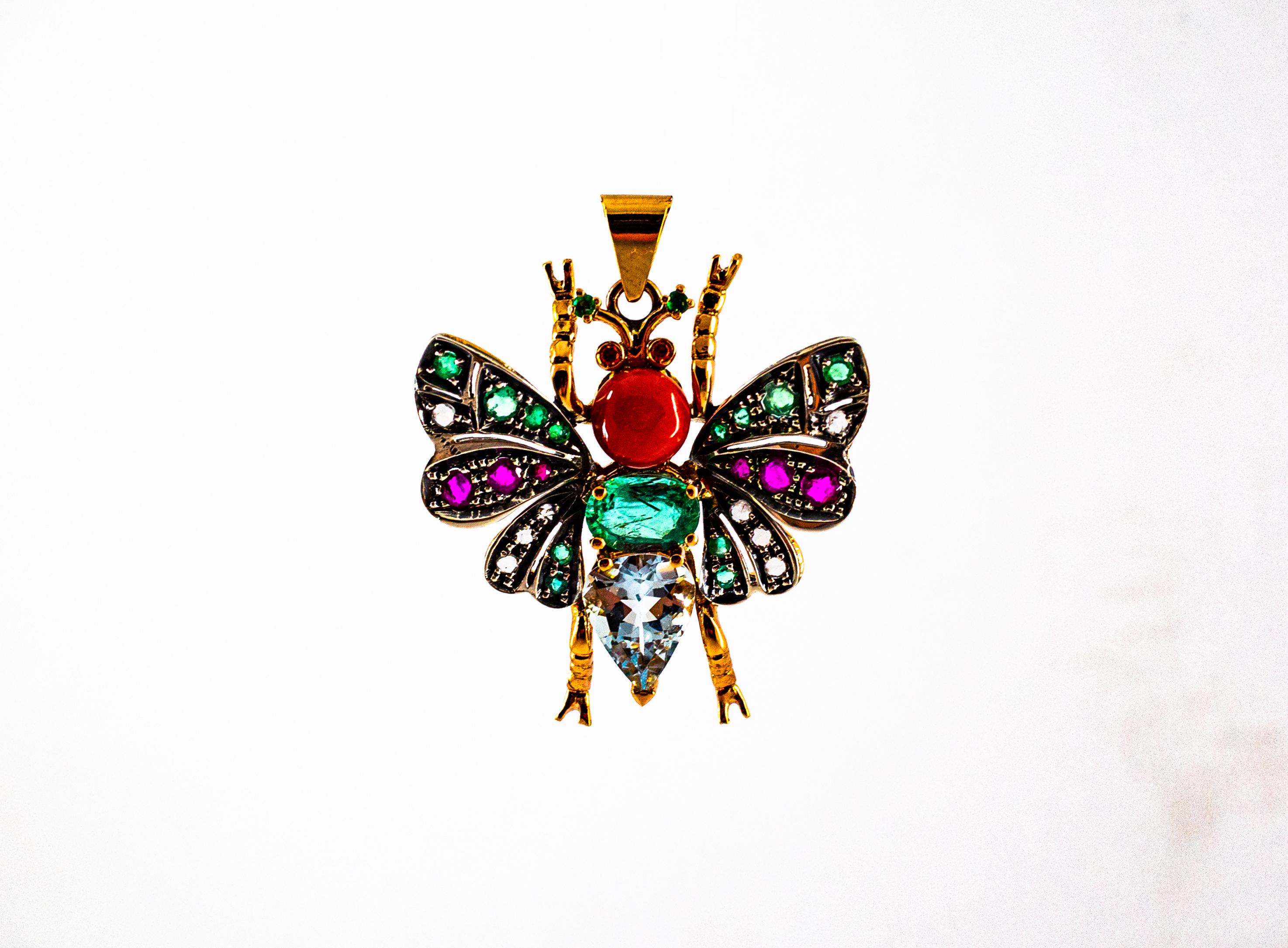 Corail rouge Diamant blanc Rubis Émeraude Aigue-marine Pendentif papillon or jaune 1