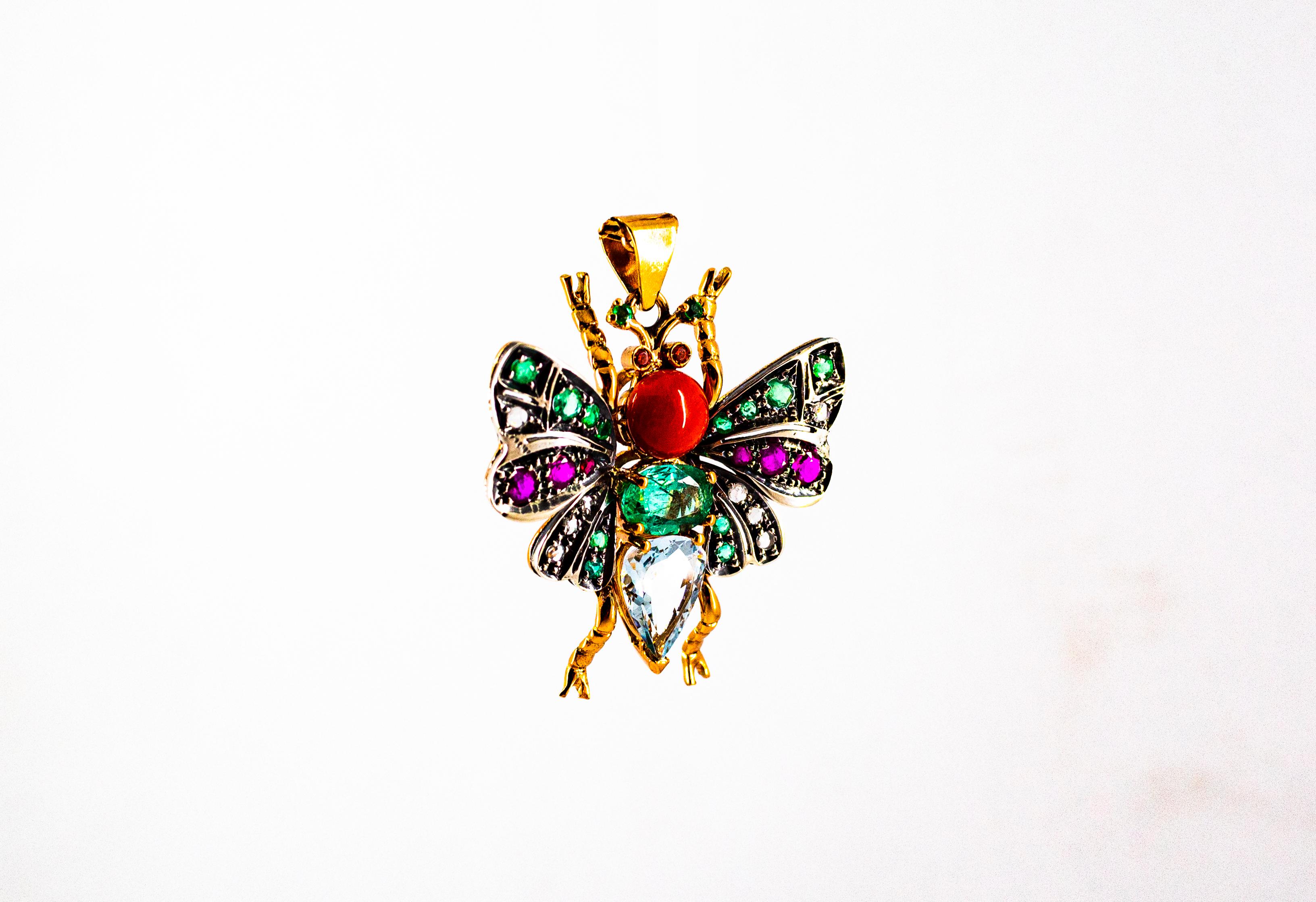 Red Coral White Diamond Ruby Emerald Aquamarine Yellow Gold Butterfly Pendant For Sale 2