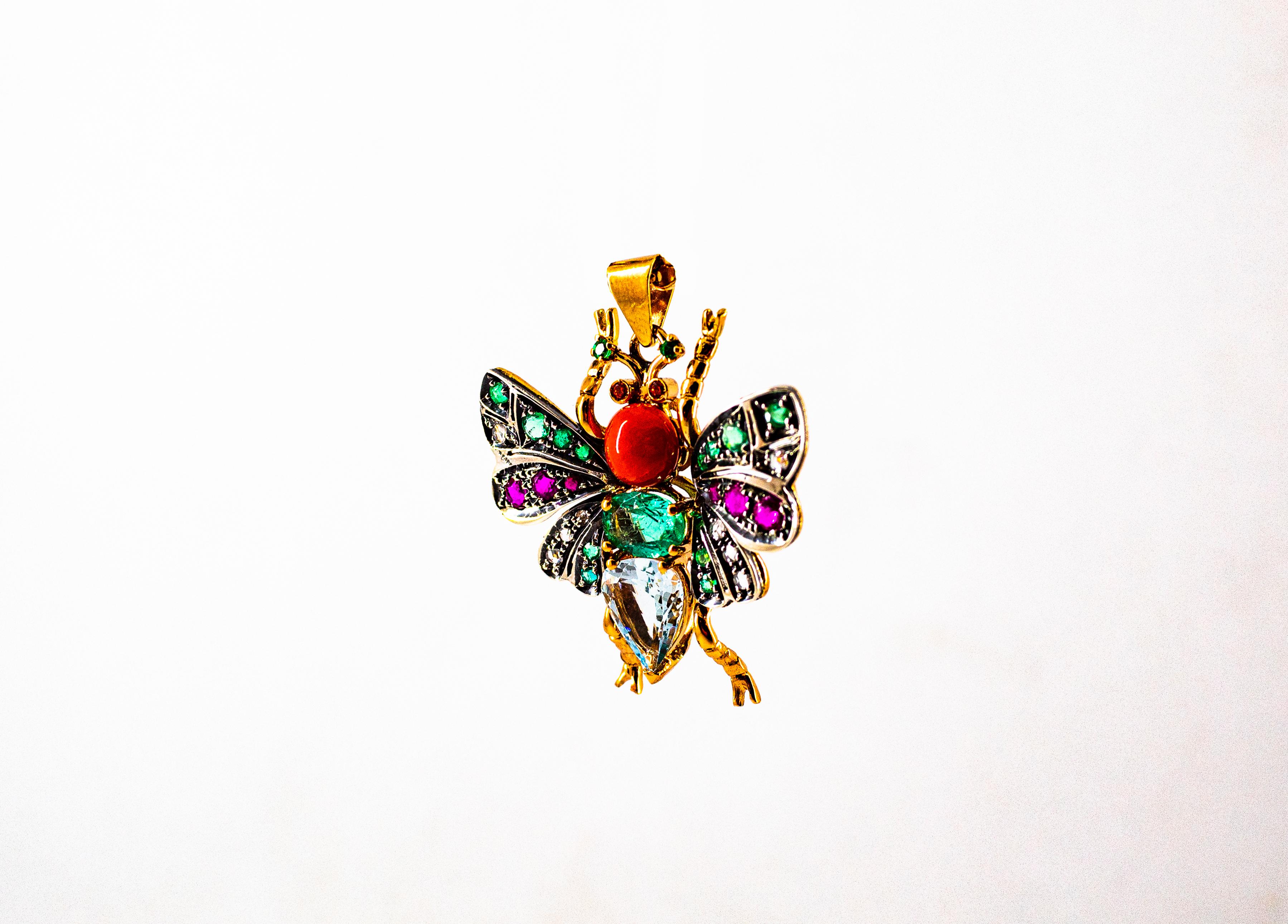 Rote Koralle Weißer Diamant Rubin Smaragd Aquamarin Gelbgold Schmetterlings-Anhänger im Angebot 3