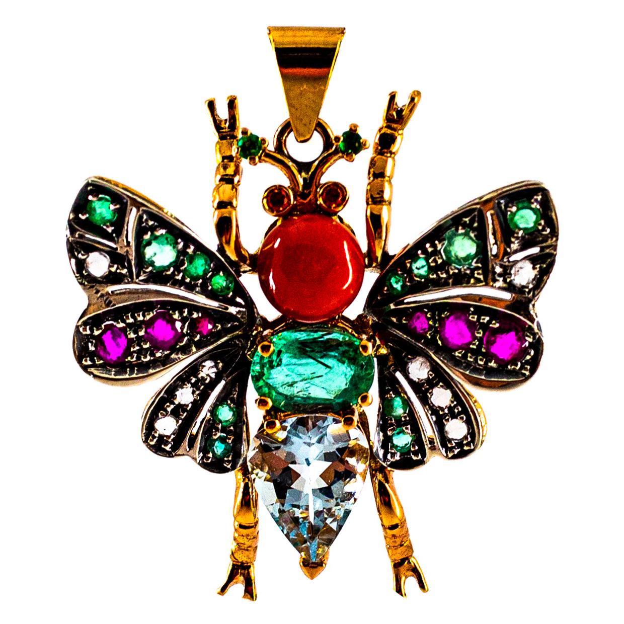 Red Coral White Diamond Ruby Emerald Aquamarine Yellow Gold Butterfly Pendant