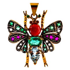 Red Coral White Diamond Ruby Emerald Aquamarine Yellow Gold Butterfly Pendant