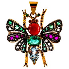 Red Coral White Diamond Ruby Emerald Aquamarine Yellow Gold Butterfly Pendant
