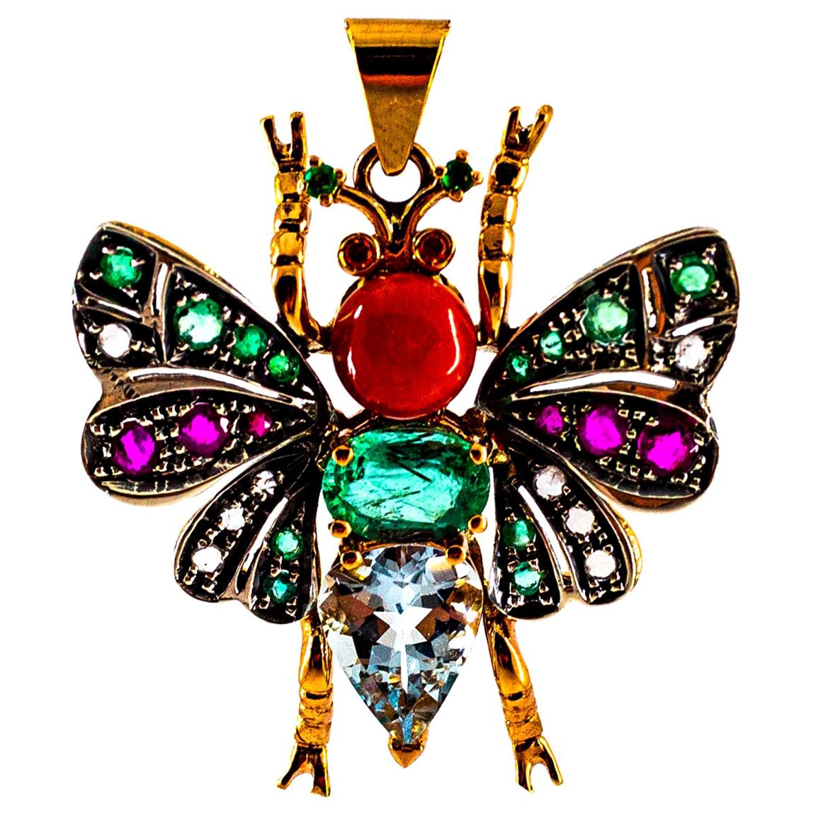 Rote Koralle Weißer Diamant Rubin Smaragd Aquamarin Gelbgold Schmetterlings-Anhänger im Angebot