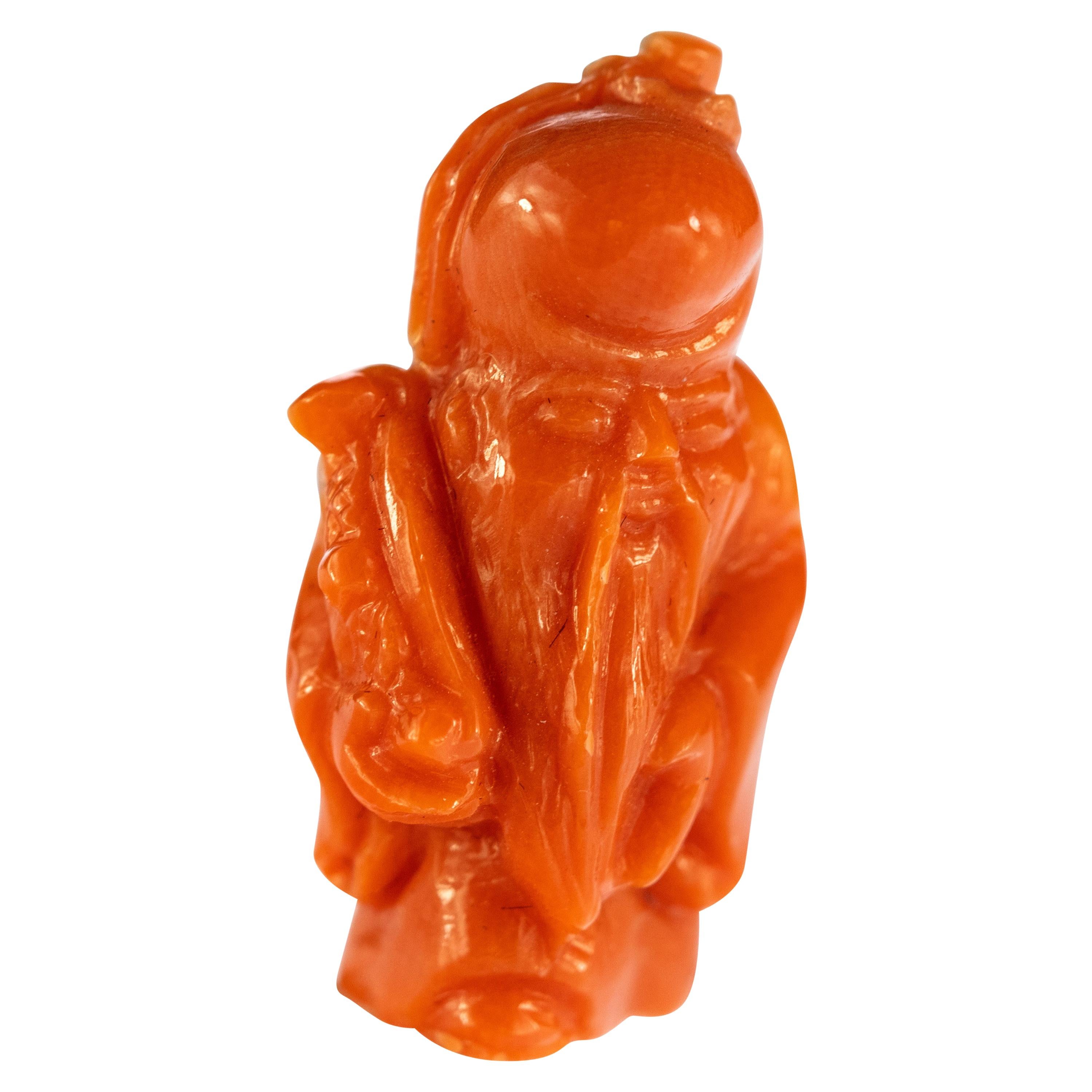 Red Coral Wise Man Hand Carved Asian Art Home Decor Taiwan Statue Sculpture For Sale