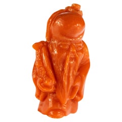 Red Coral Wise Man Hand Carved Asian Art Home Decor Taiwan Statue Sculpture