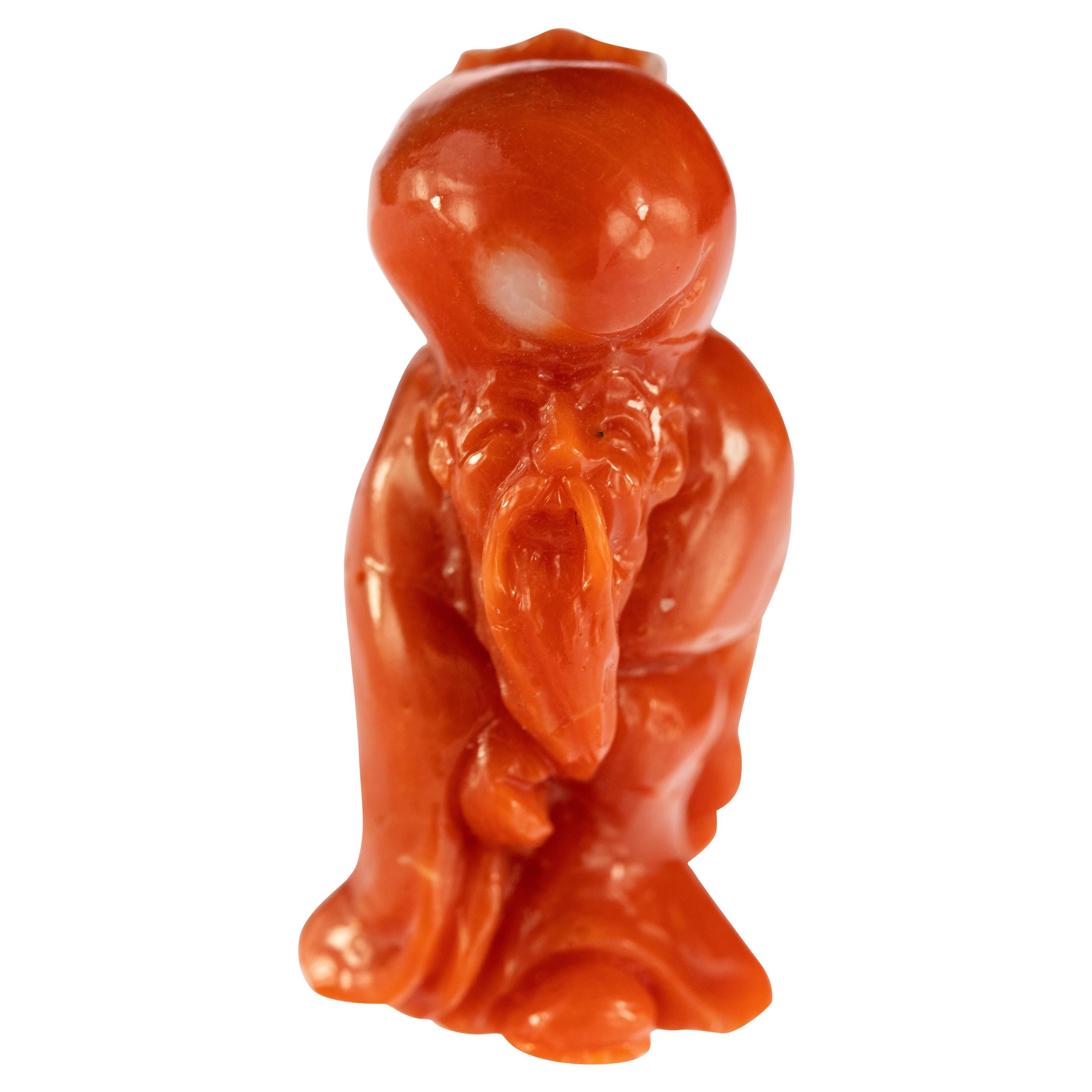Red Coral Wise Man Hand Carved Asian Art Home Decor Taiwan Statue Sculpture For Sale