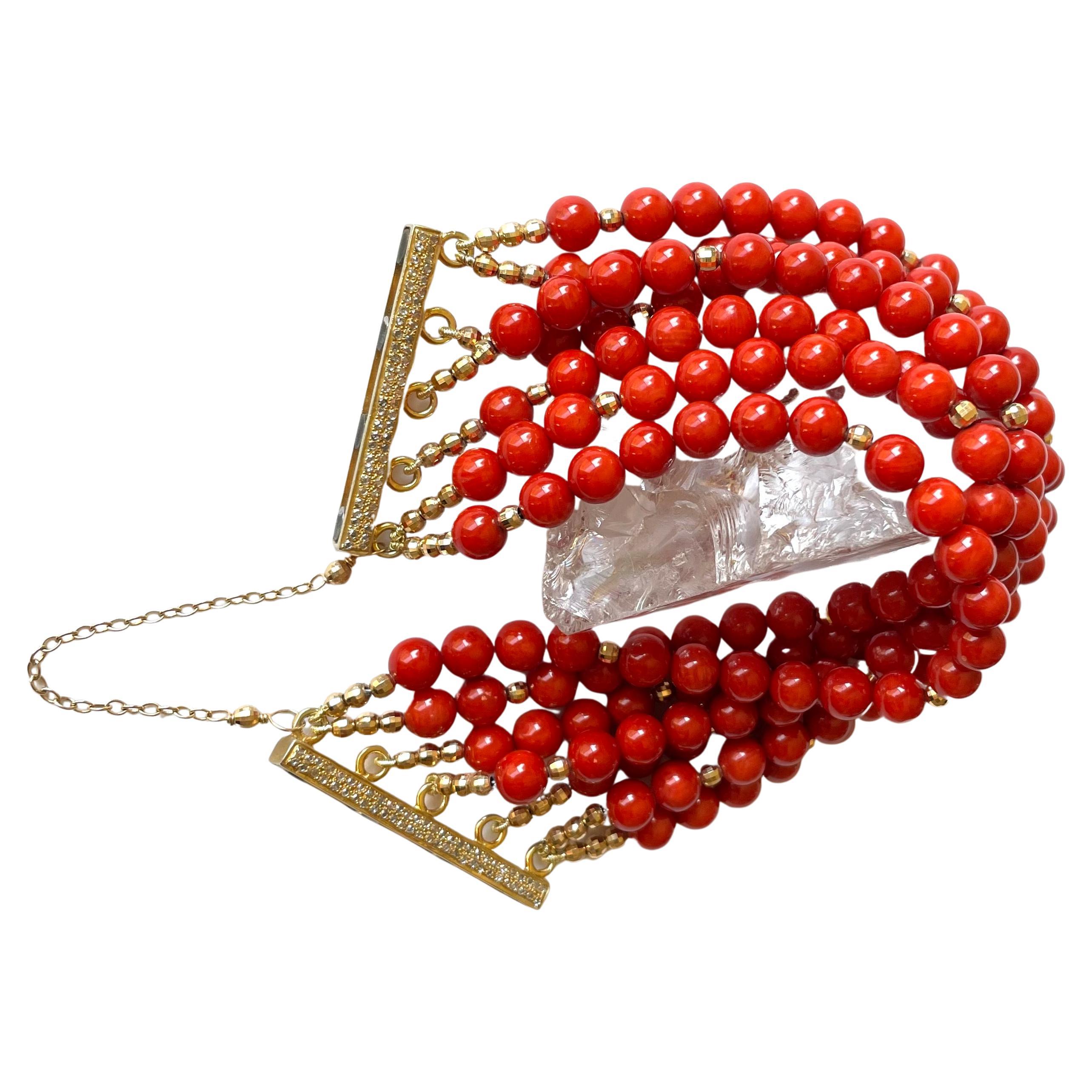 Artisan Red Coral with Pave Diamond Clasp Multi-Strand Bracelet For Sale