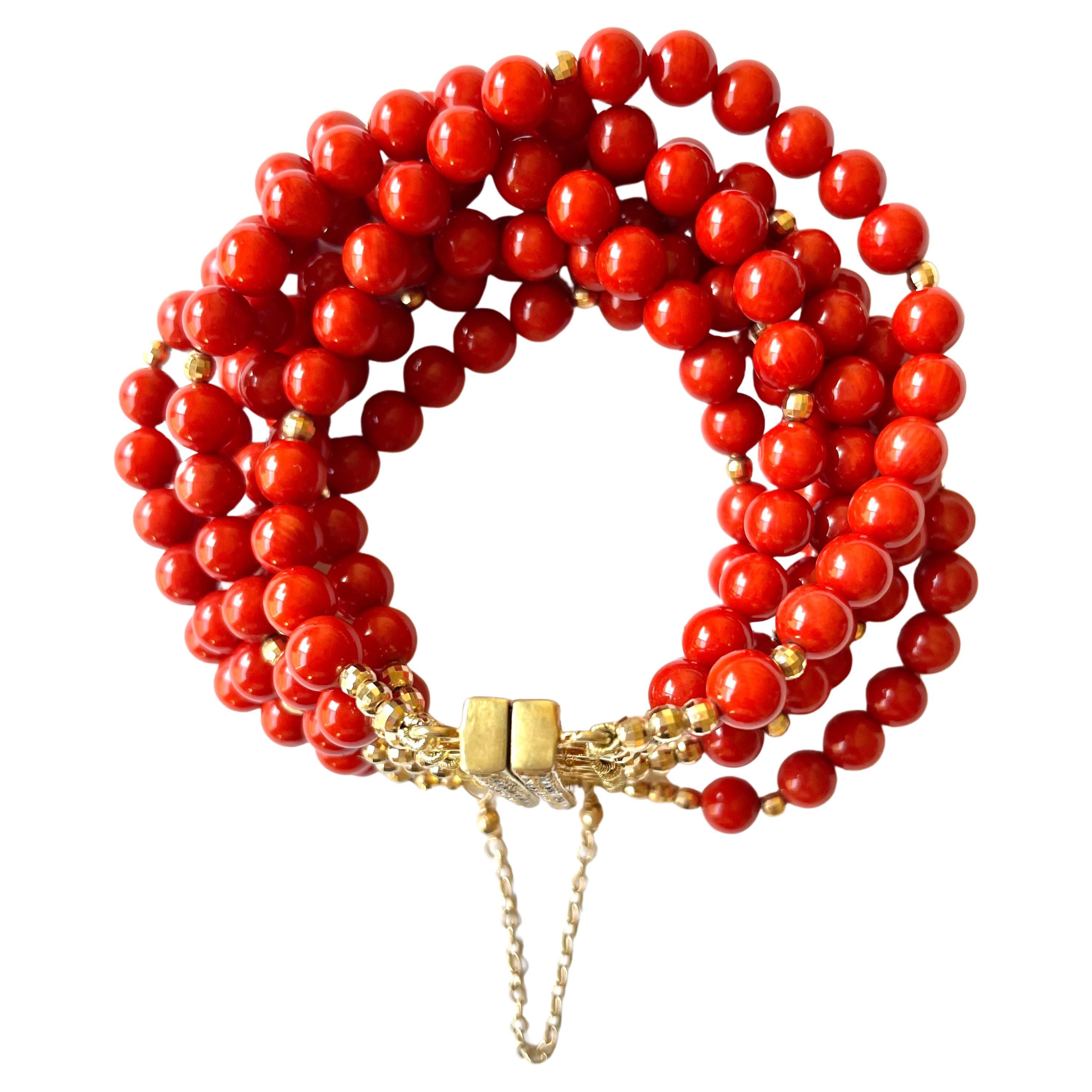 Women's Red Coral with Pave Diamond Clasp Multi-Strand Bracelet For Sale