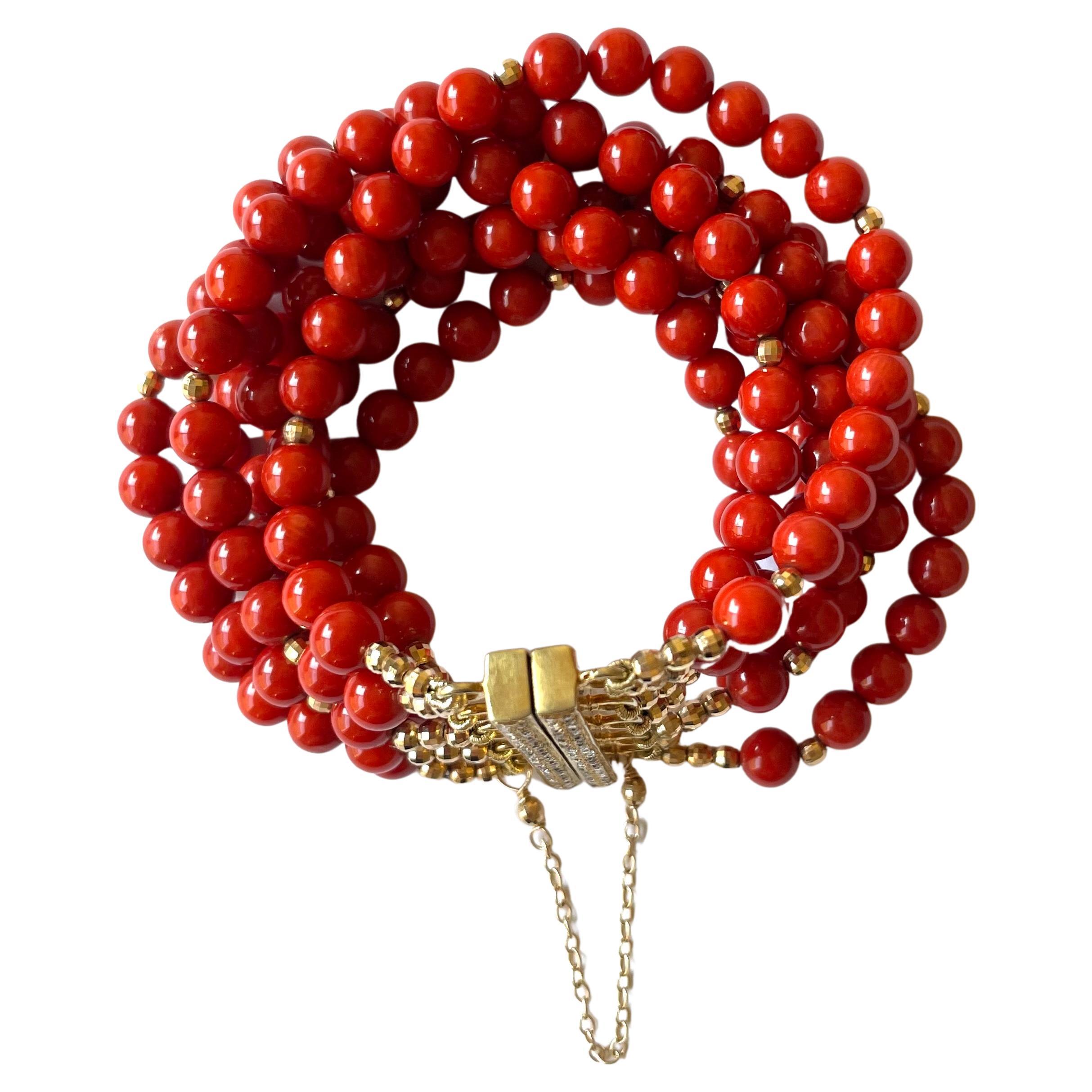 Red Coral with Pave Diamond Clasp Multi-Strand Bracelet For Sale 2