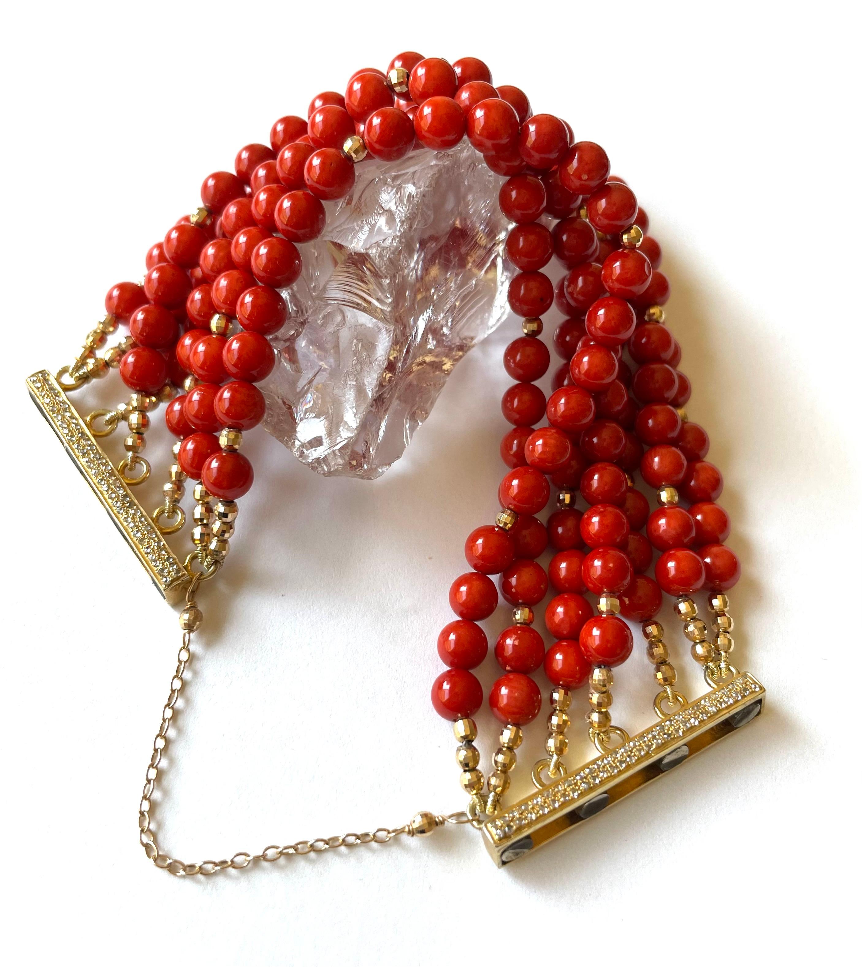 Red Coral with Pave Diamond Clasp Multi-Strand Bracelet For Sale 5
