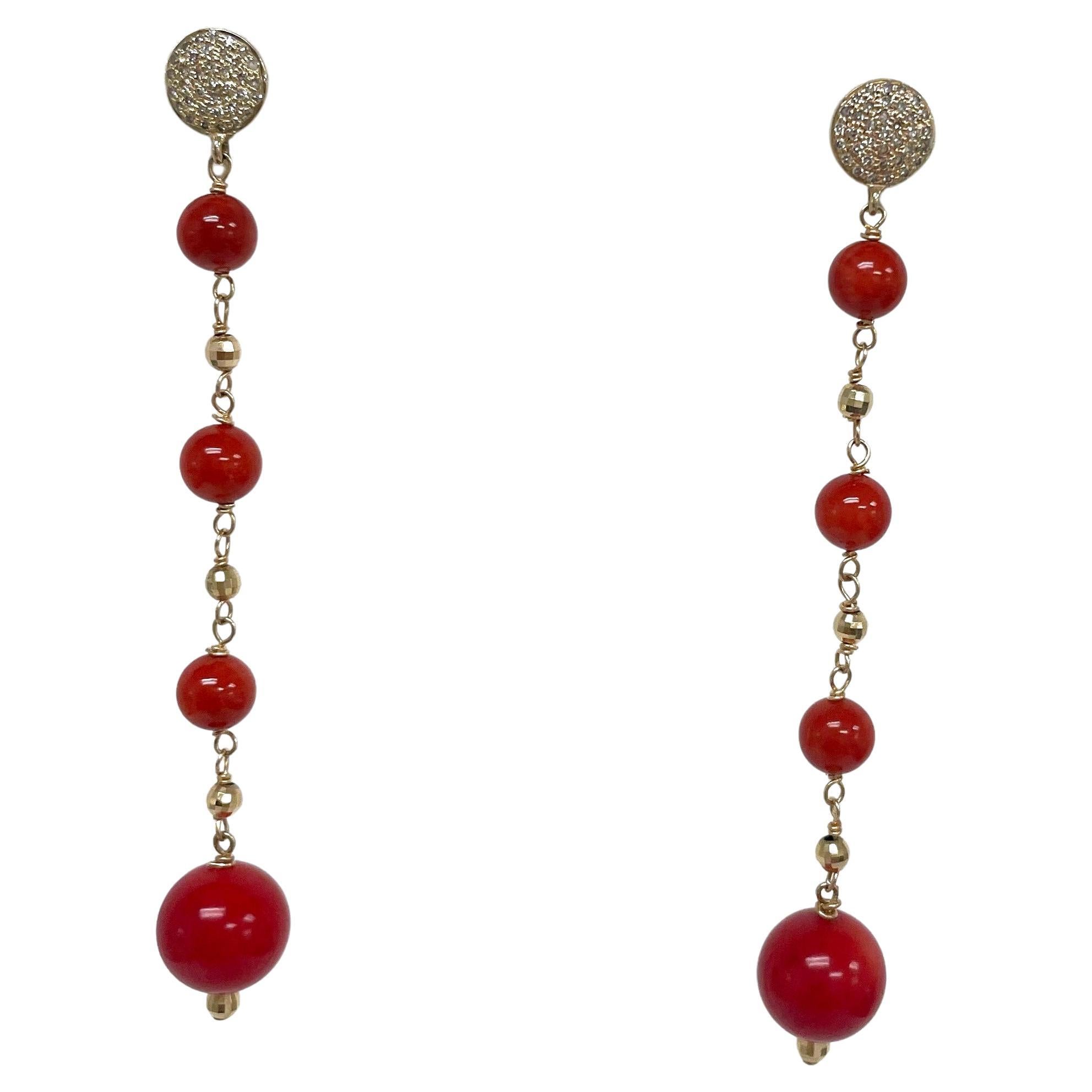 Round Cut Red Coral with Pave Diamonds Paradizia Earrings For Sale