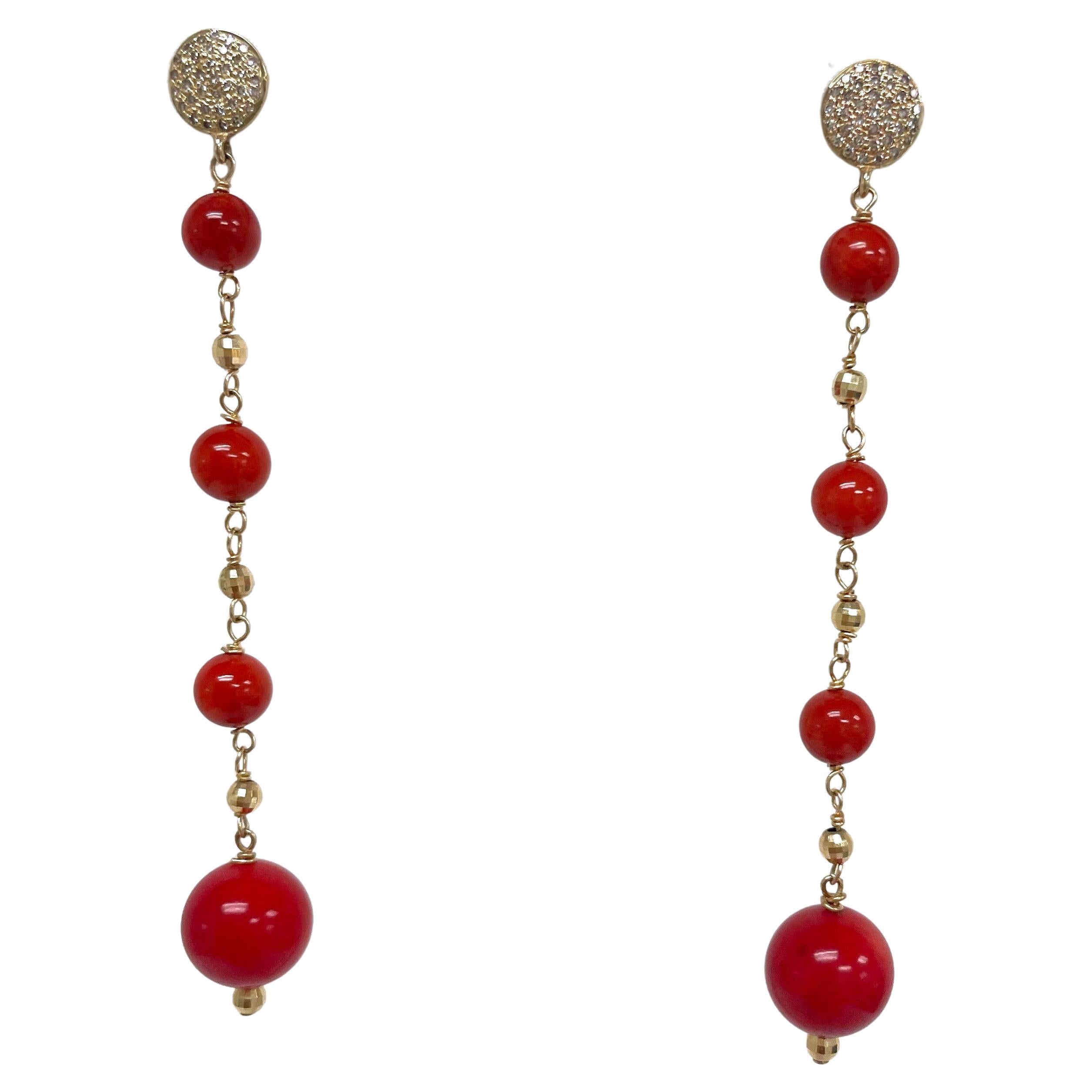 Red Coral with Pave Diamonds Paradizia Earrings In New Condition For Sale In Laguna Beach, CA