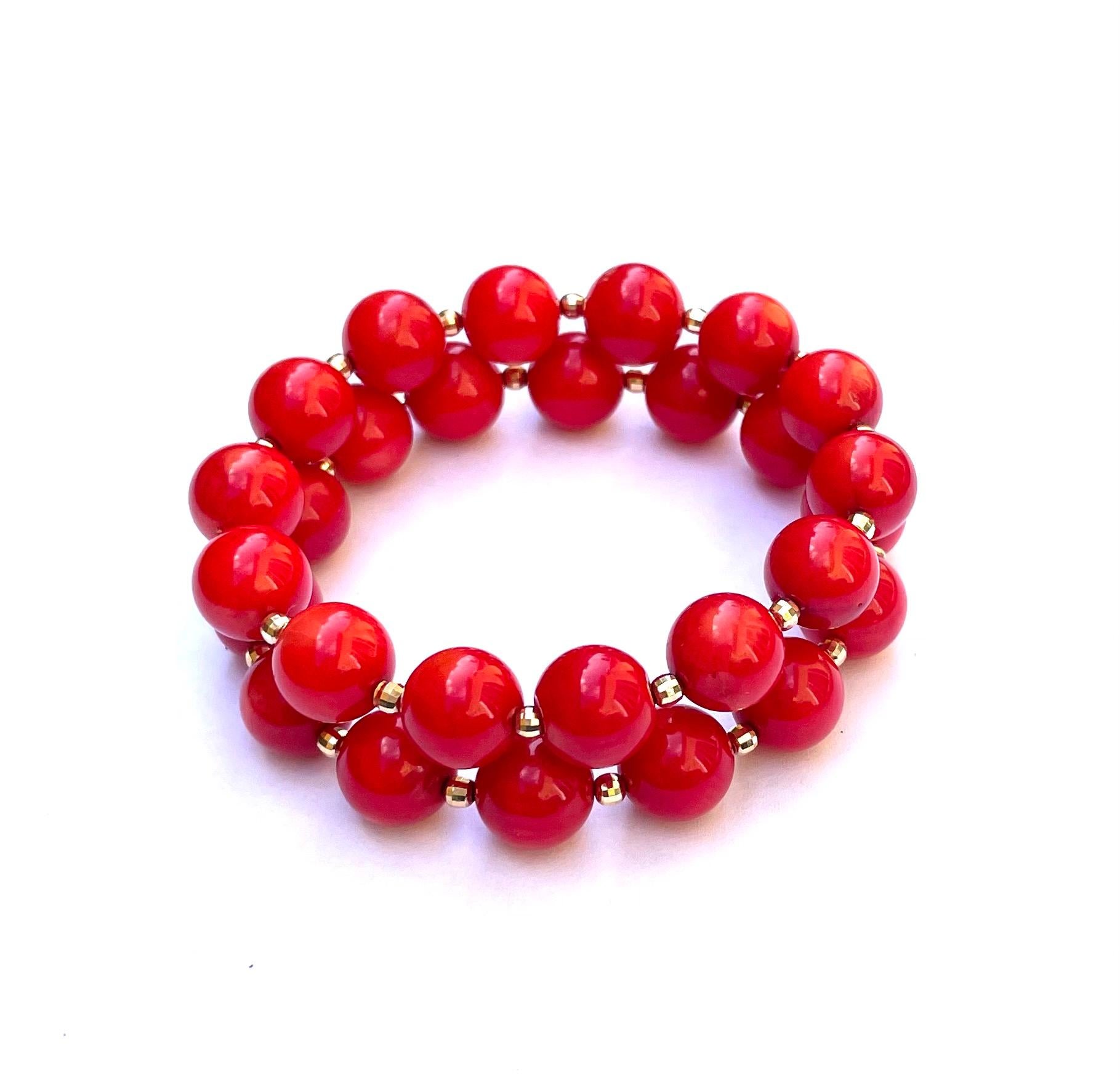 Round Cut Red Coral with Yellow Gold Bracelet