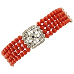 Red Corals Beaded Bracelet with Details in Diamonds and Blue Sapphires