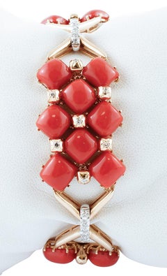 Rote Korallen, Diamanten, Retrò-Armband aus 14 Karat Rosé- und Weißgold