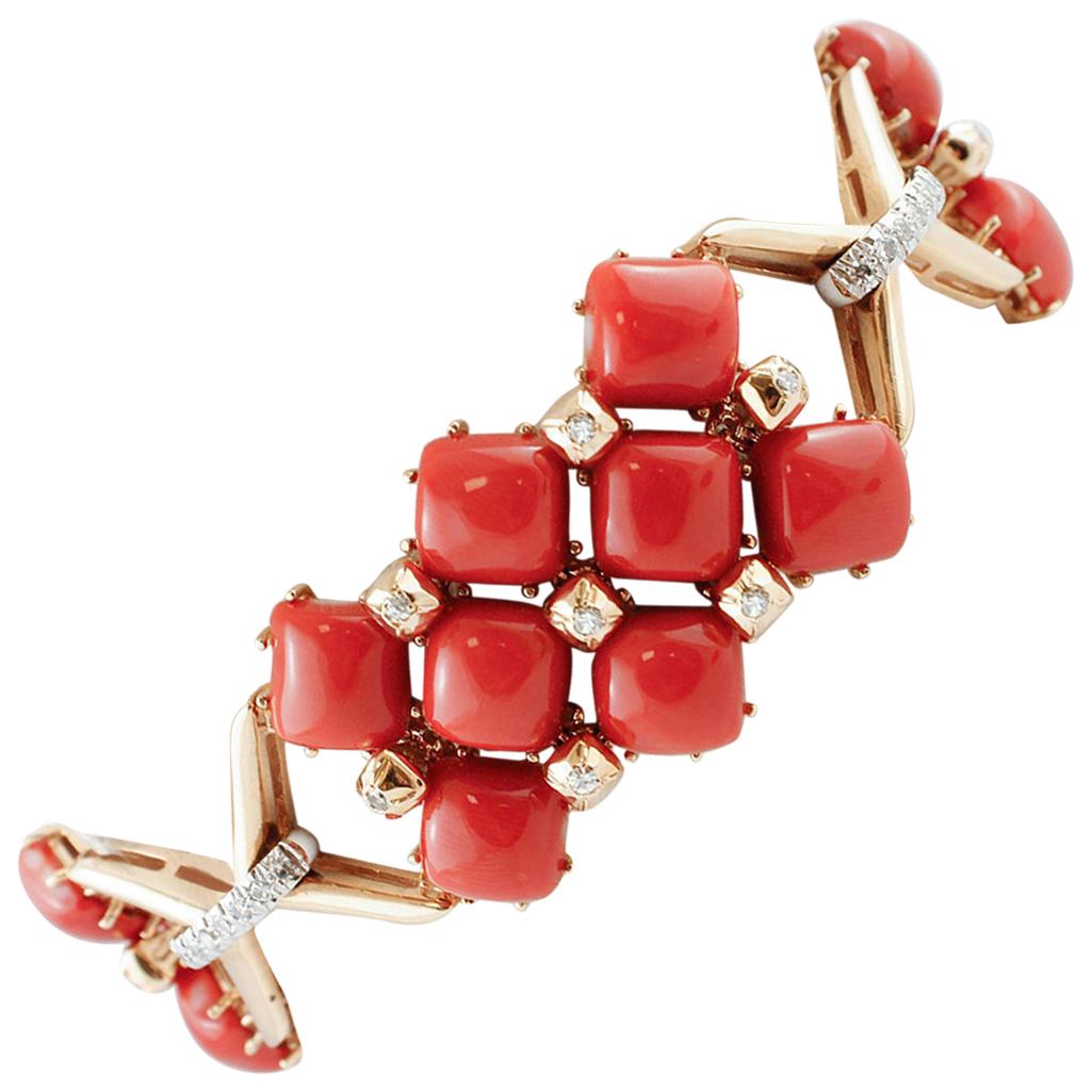 Rote Korallen, Diamanten, Retrò-Armband aus 14 Karat Rosé- und Weißgold