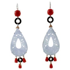 Red Corals, Diamonds, Onyx, Stones, 14 Karat White and Rose Gold Dangle Earrings