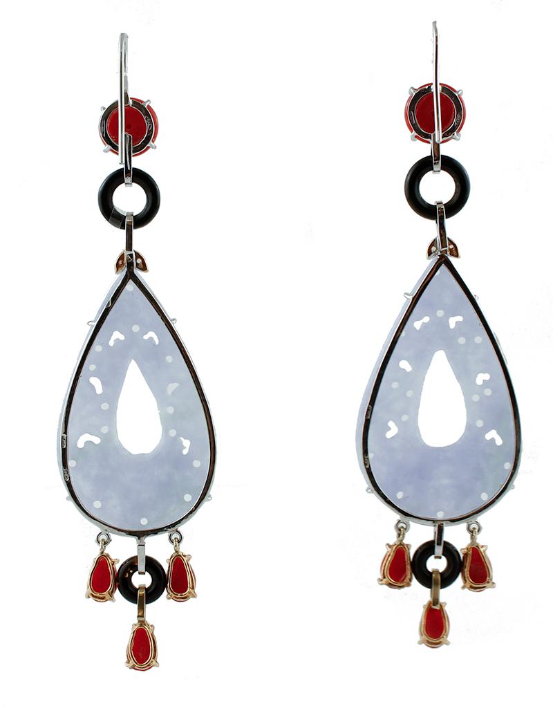 Rose Cut Red Corals, Diamonds, Onyx, Stones, 14 Karat White and Rose Gold Dangle Earrings For Sale