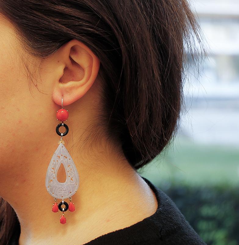 Women's Red Corals, Diamonds, Onyx, Stones, 14 Karat White and Rose Gold Dangle Earrings For Sale