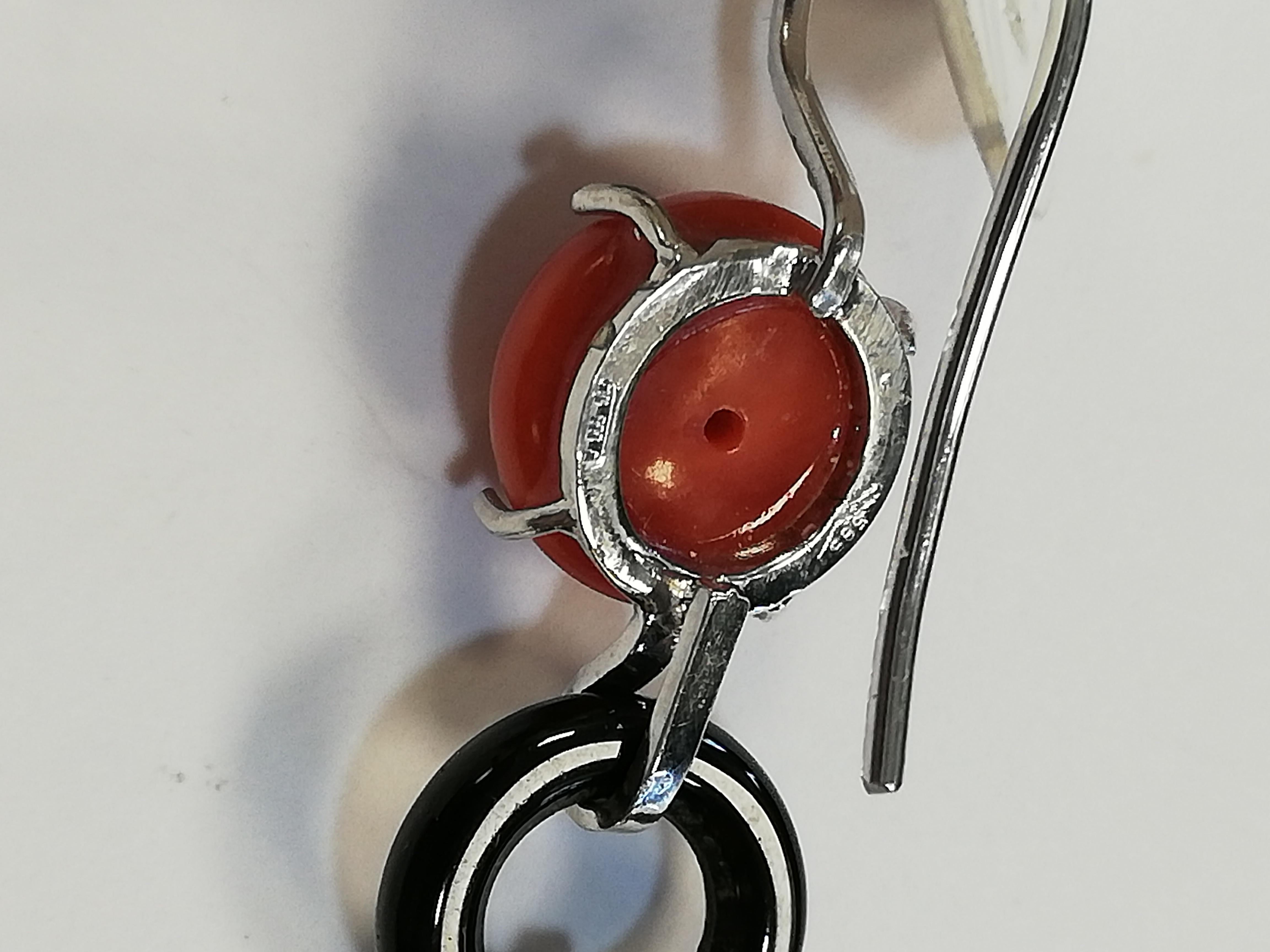 Red Corals, Diamonds, Onyx, Stones, 14 Karat White and Rose Gold Dangle Earrings For Sale 1