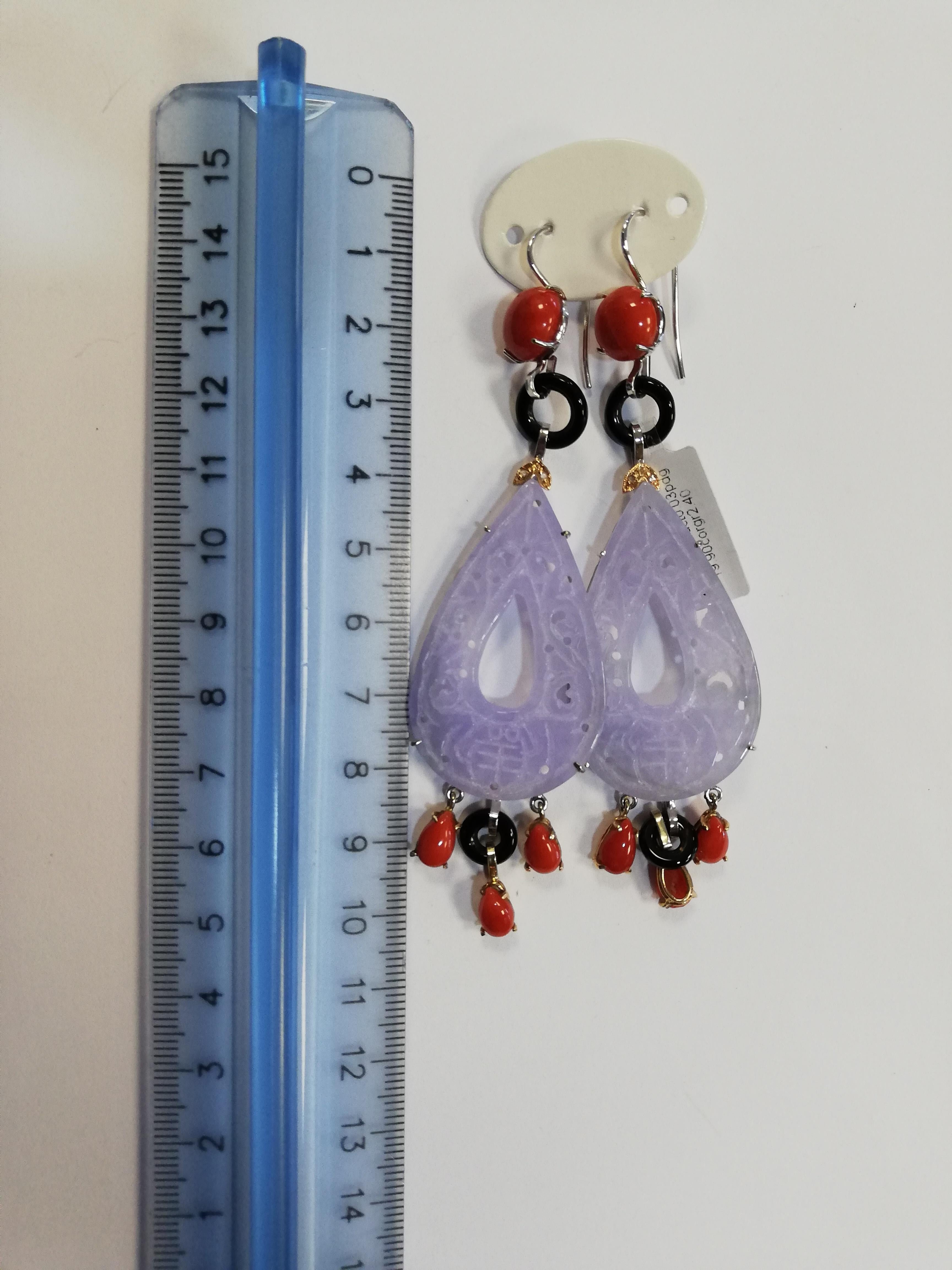 Red Corals, Diamonds, Onyx, Stones, 14 Karat White and Rose Gold Dangle Earrings For Sale 2