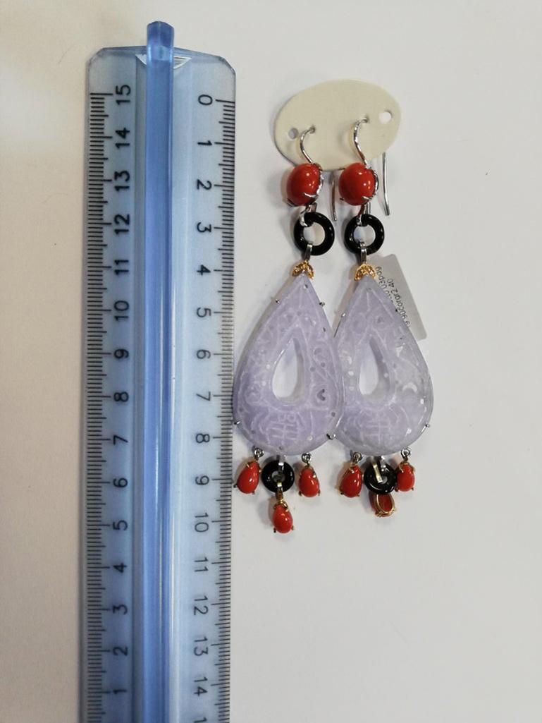 Red Corals, Diamonds, Onyx, Stones, 14 Karat White and Rose Gold Dangle Earrings For Sale 3