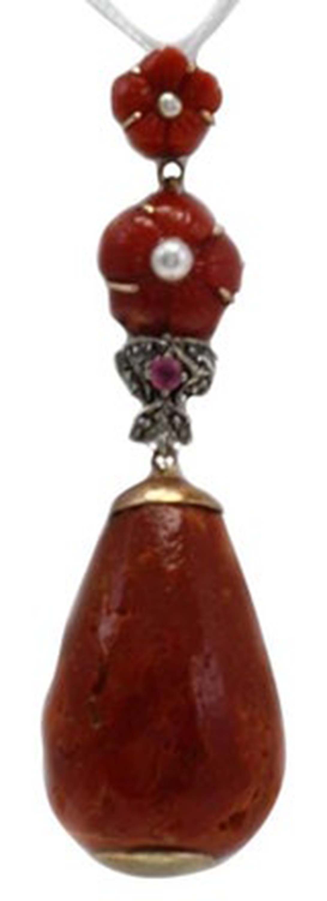 Red Corals Flowers and Drop, Pearl, Ruby, Diamonds Silver and Rose Gold Pendant