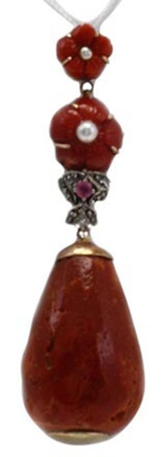 Red Corals Flowers and Drop, Pearl, Ruby, Diamonds Silver and Rose Gold Pendant