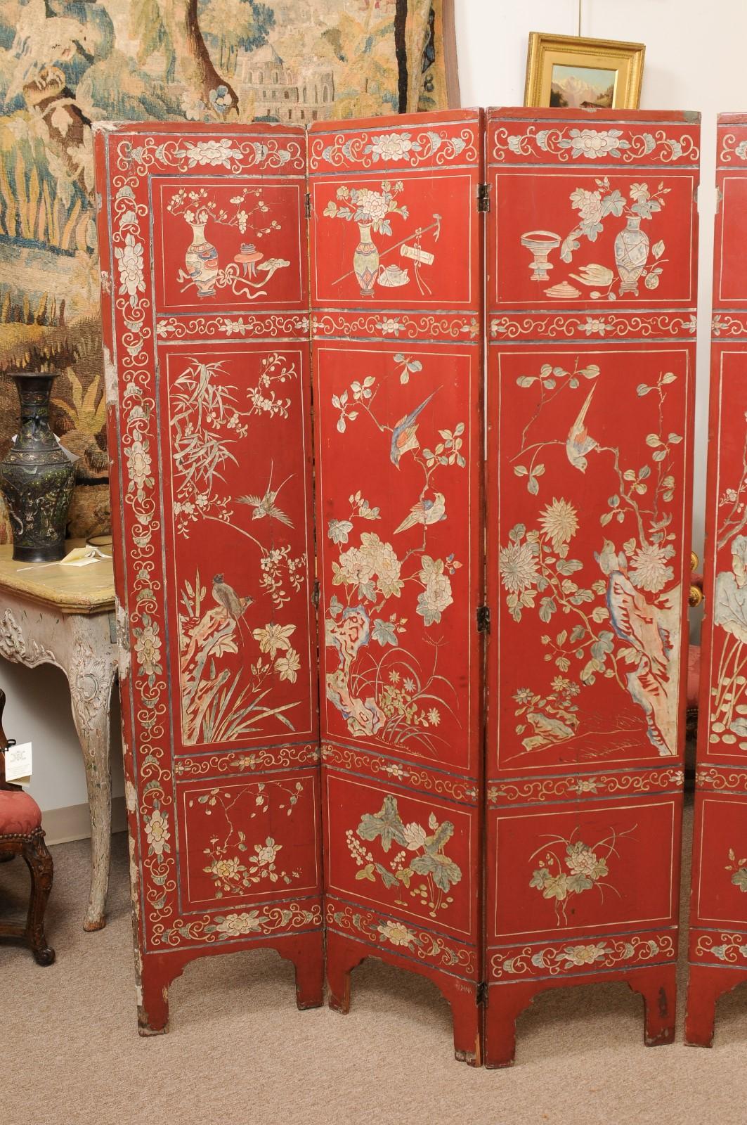 Red Coromandel Folding Screen with 6 Panels, ca. 1890 For Sale 6
