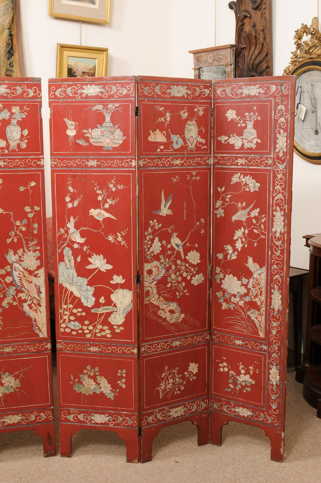 Red Coromandel Folding Screen with 6 Panels, ca. 1890 For Sale 7