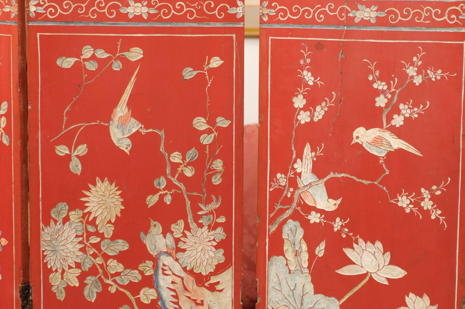 Red Coromandel Folding Screen with 6 Panels, ca. 1890 For Sale 8
