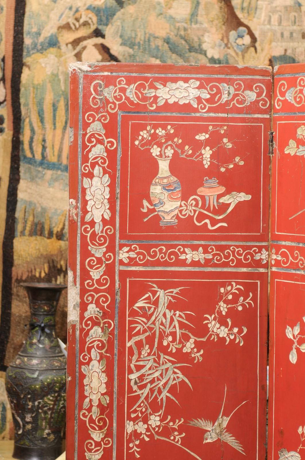 Red Coromandel Folding Screen with 6 Panels, ca. 1890 For Sale 9