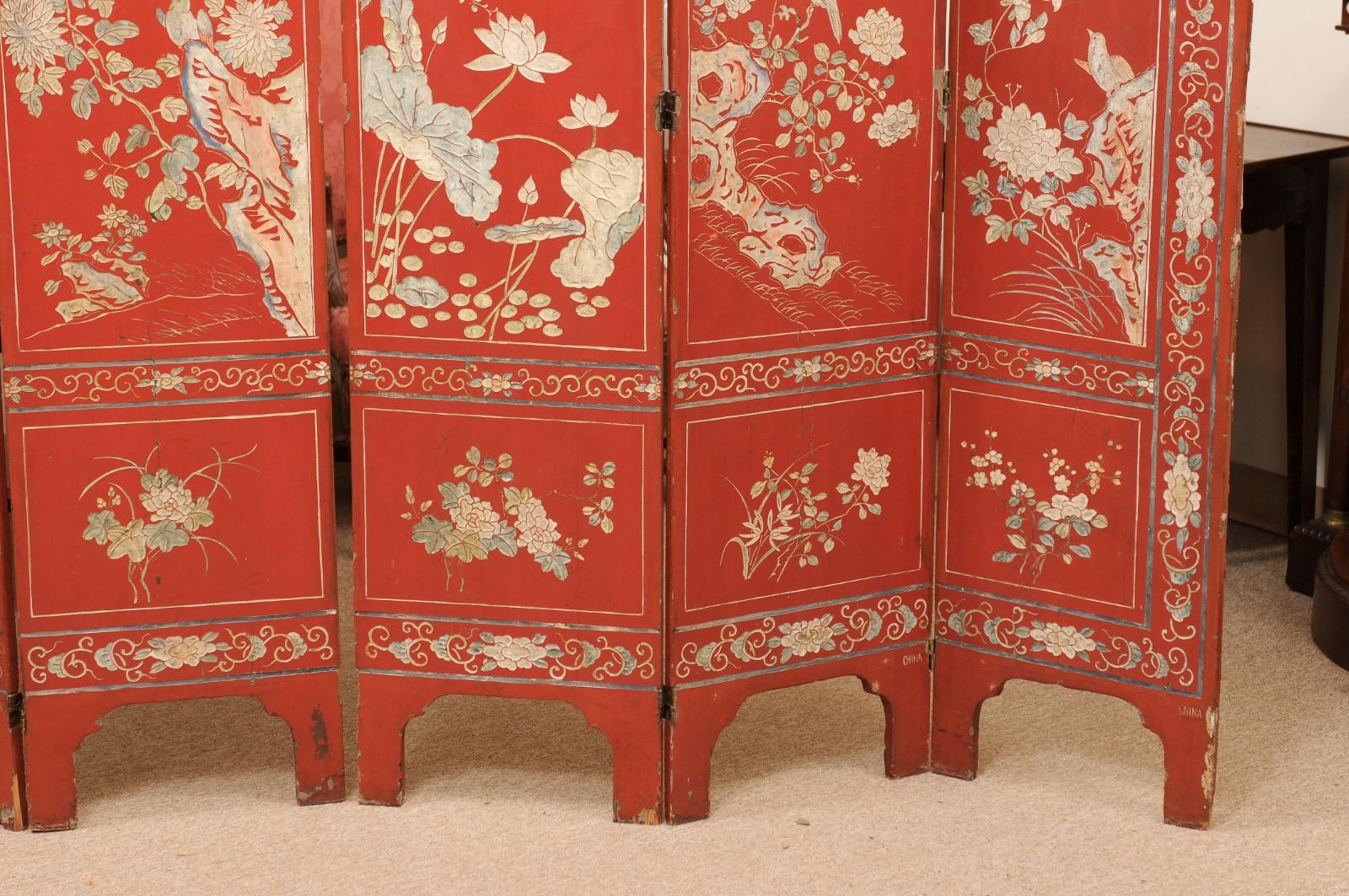 Red Coromandel Folding Screen with 6 Panels, ca. 1890 For Sale 10