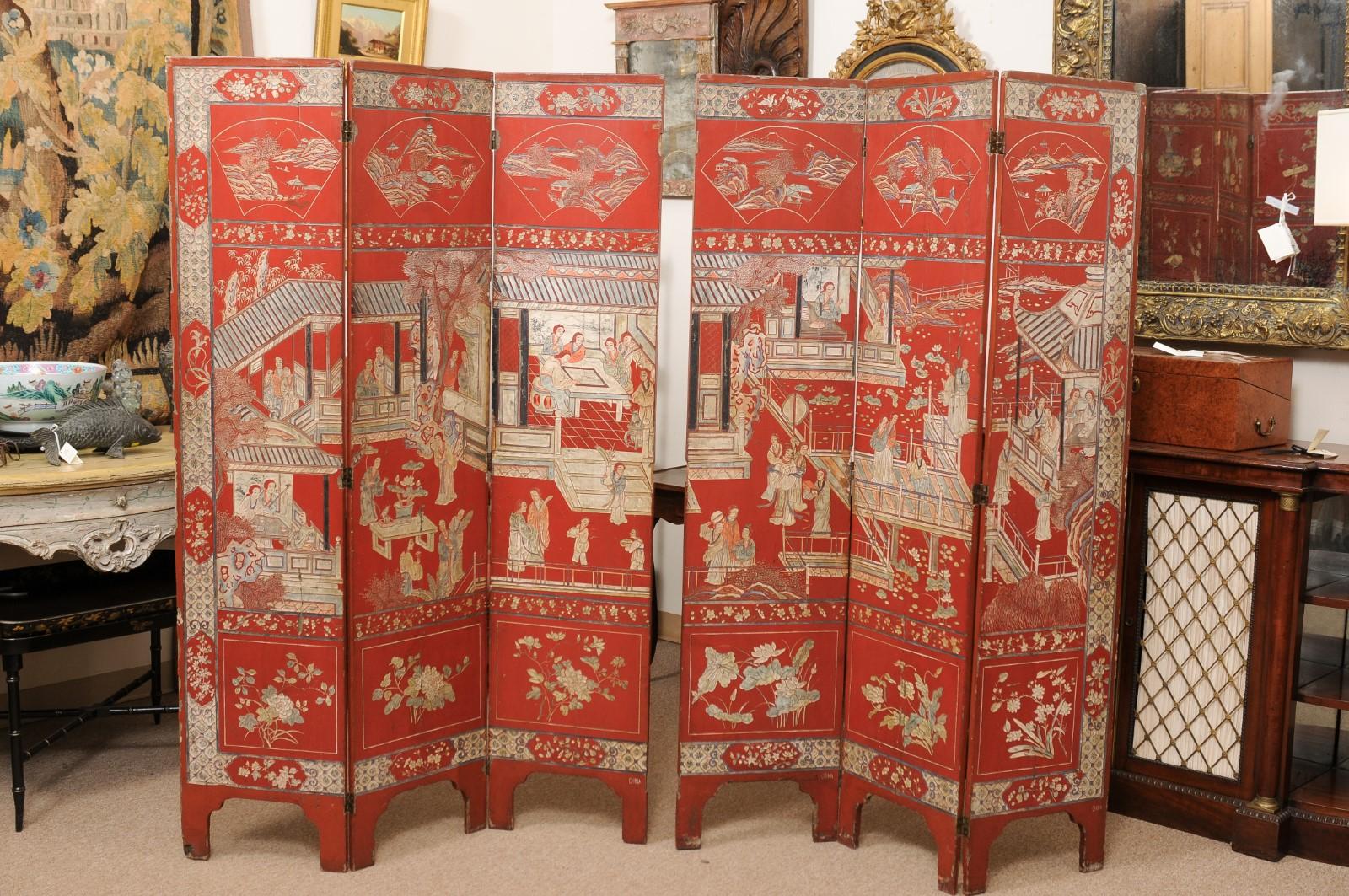 Red Coromandel Folding Screen with 6 Panels, ca. 1890 In Good Condition For Sale In Atlanta, GA