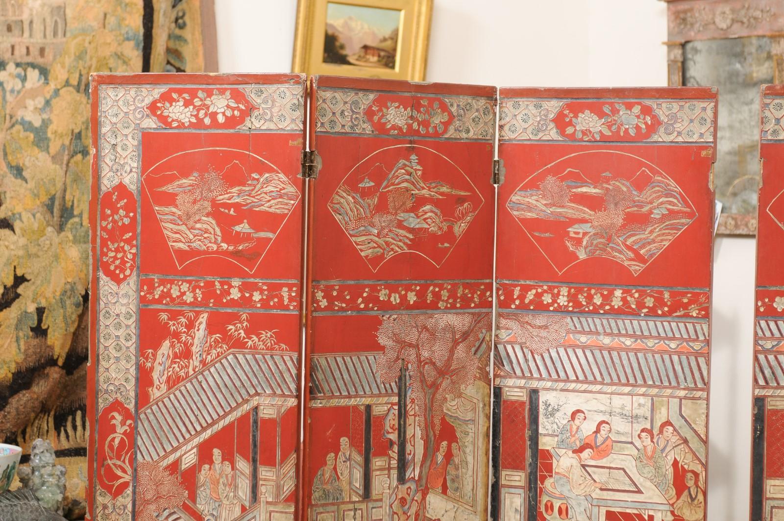 19th Century Red Coromandel Folding Screen with 6 Panels, ca. 1890 For Sale