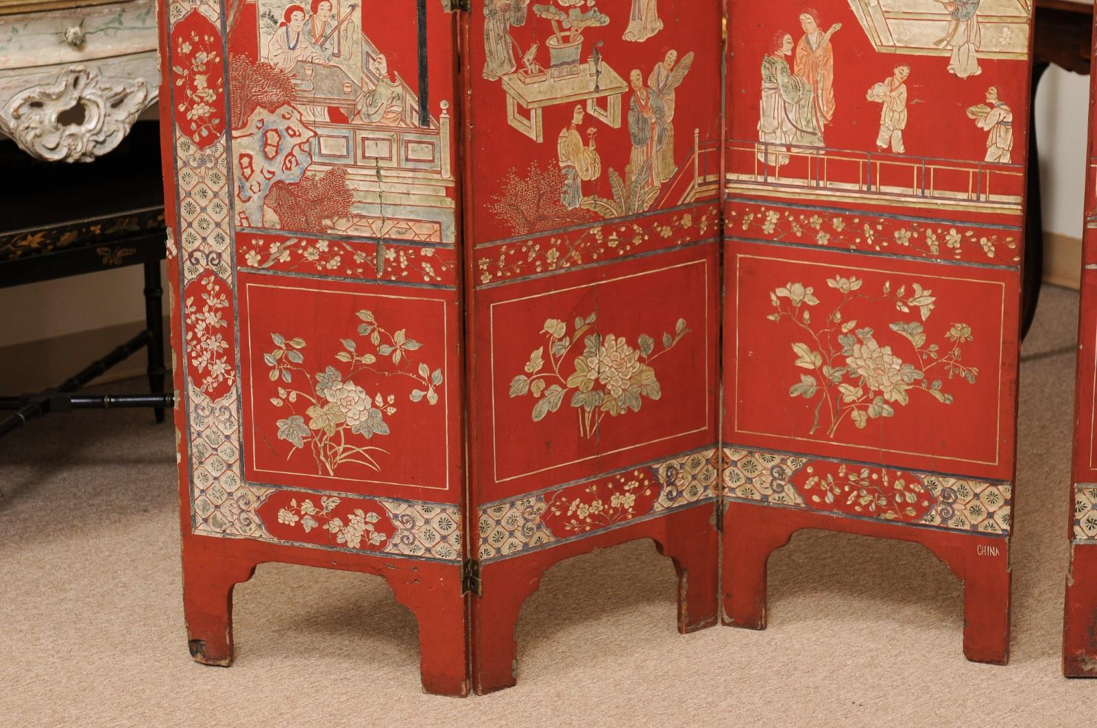 Roter klappbarer Coromandel-Raumteiler mit 6 Tafeln, um 1890 (Holz) im Angebot