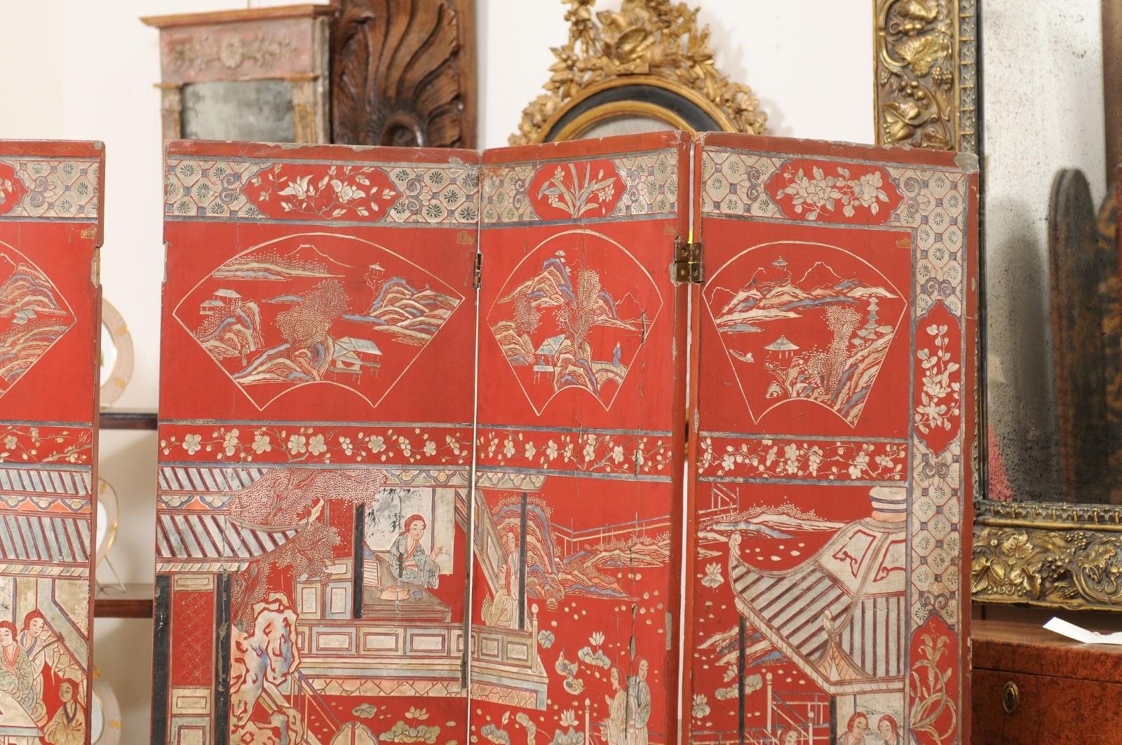 Roter klappbarer Coromandel-Raumteiler mit 6 Tafeln, um 1890 im Angebot 1