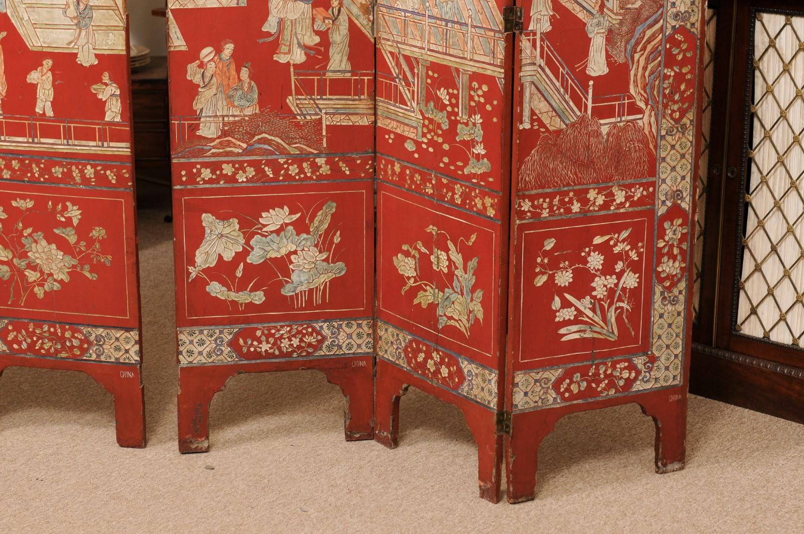 Red Coromandel Folding Screen with 6 Panels, ca. 1890 For Sale 2