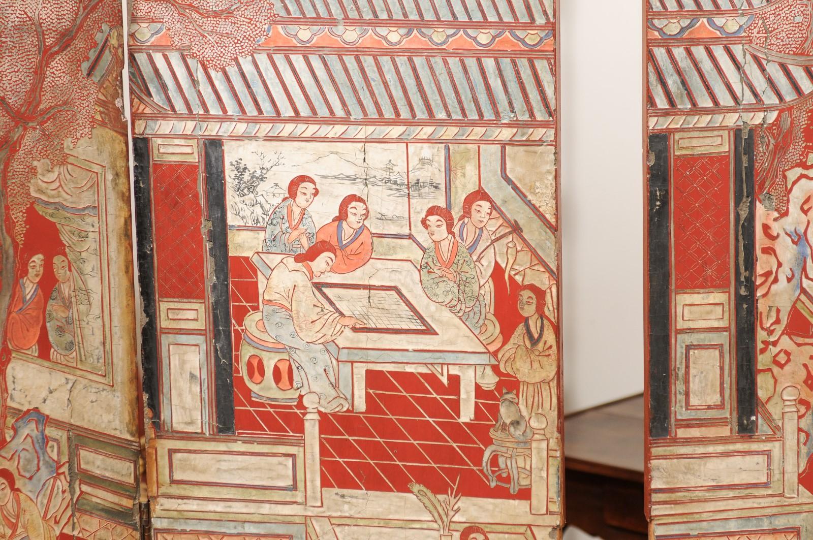 Red Coromandel Folding Screen with 6 Panels, ca. 1890 For Sale 3