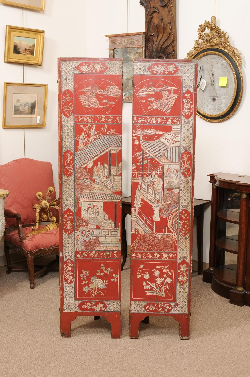 Red Coromandel Folding Screen with 6 Panels, ca. 1890 For Sale 4